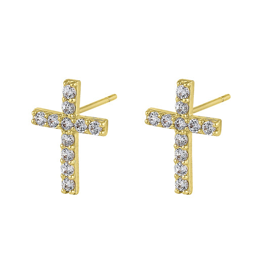 14K Yellow Gold Simple Cross Stud Earrings with Round CZ Stones - Elegant Christian Jewelry for Women, Perfect for Church, Weddings & Everyday Wear