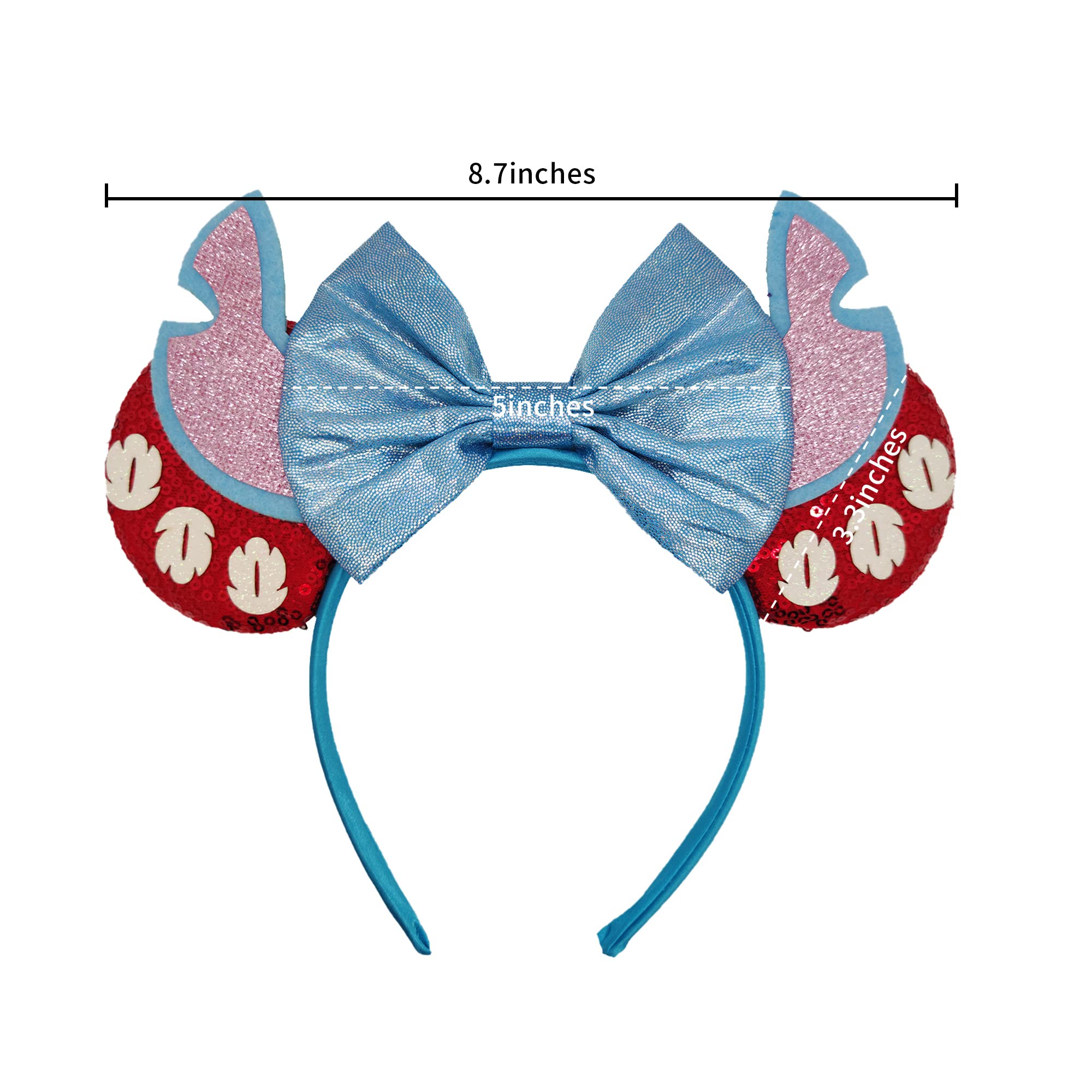 Disney Stitch Glitter Mouse Ears Headband for Women & Girls - Blue Pink Princess Hair Accessories for Theme Parks, Cosplay, Birthday Parties & Disneyland Vacations