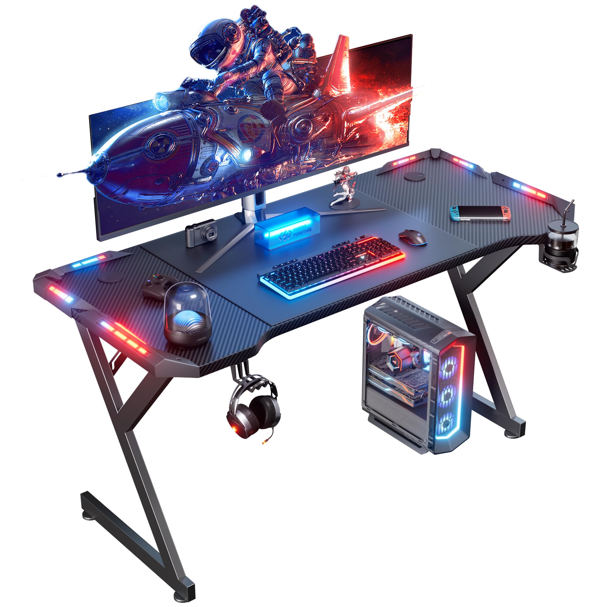 HLONONE 120 x 60cm Carbon Fiber Gaming Desk with LED Lights - Ergonomic Computer Desk with Cup Holder & Headphone Hook - Perfect for PC Gaming Setup, Home Office & Streaming Station (Black)