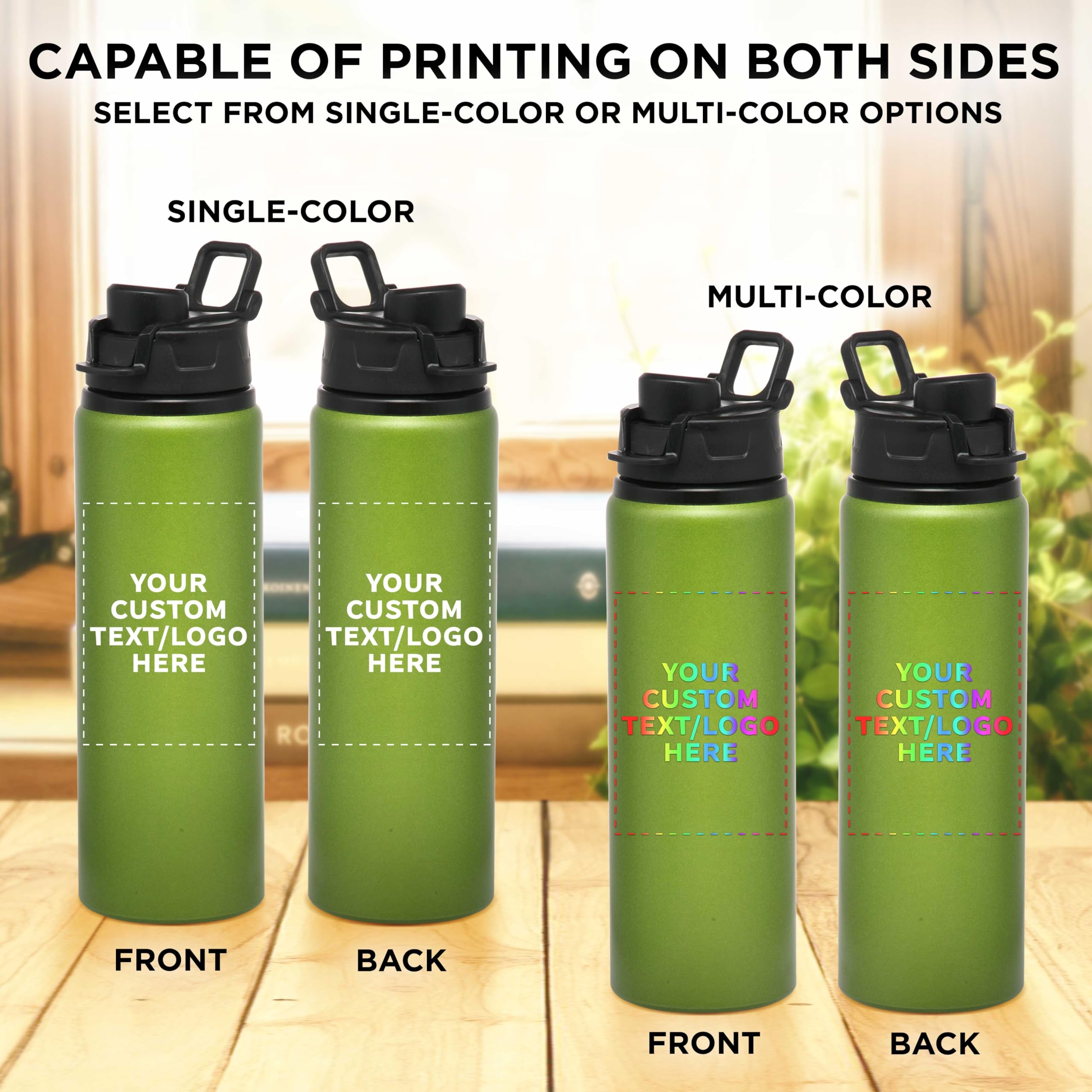 Custom 25oz Aluminum Water Bottles with Snap Lids - Bulk Pack of 50 Personalized Reusable Drinkware - Eco-Friendly Gym, Hiking, Cycling & School Accessories - Ideal for Sports, Outdoor Activities & Corporate Gifts - Green