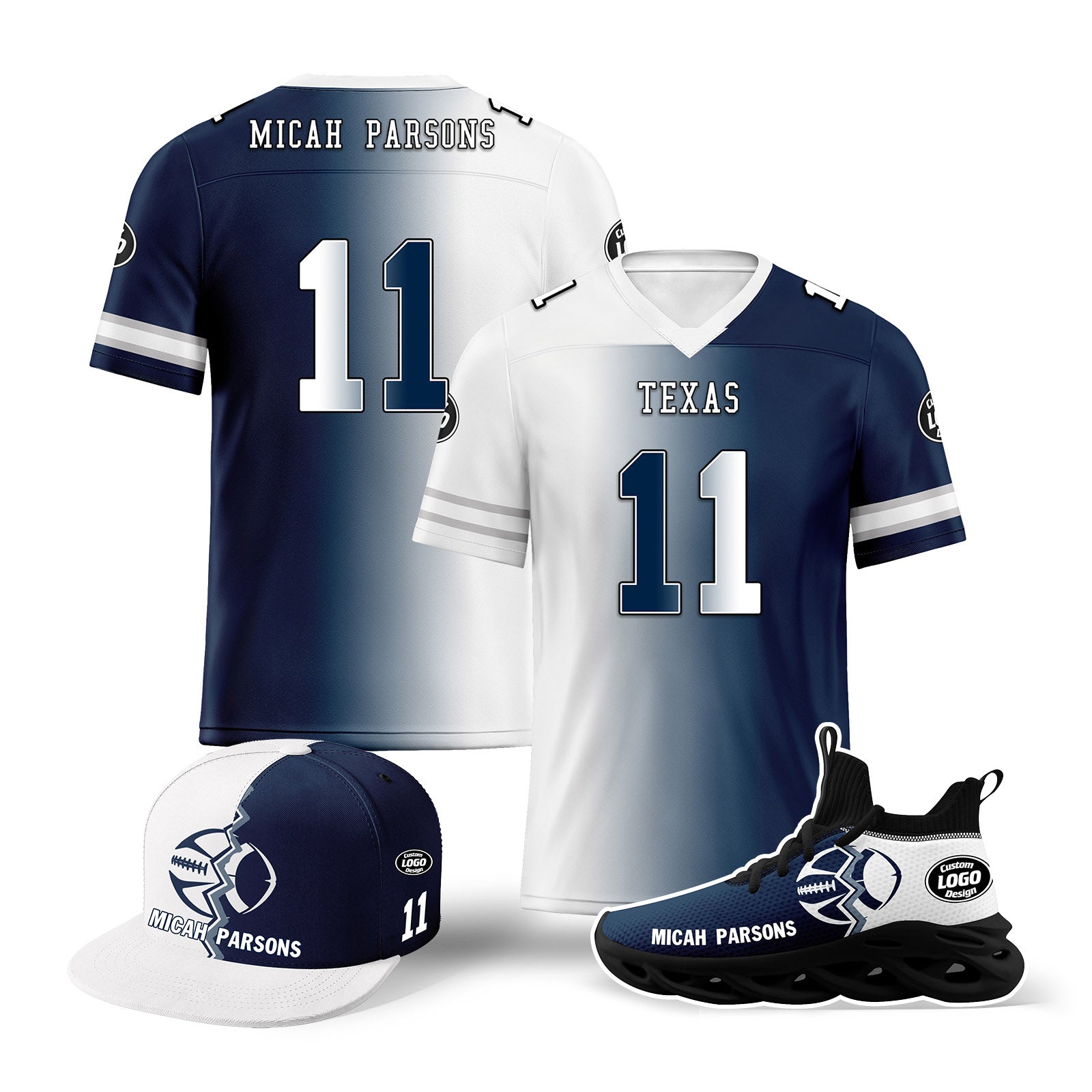 Custom Deep Blue & White Texas Football Jersey with MaxSoul Shoes & Hat Combo - Personalized Football Uniform Set for Fans & Players - Perfect for Game Day, Tailgating, and Team Spirit Events