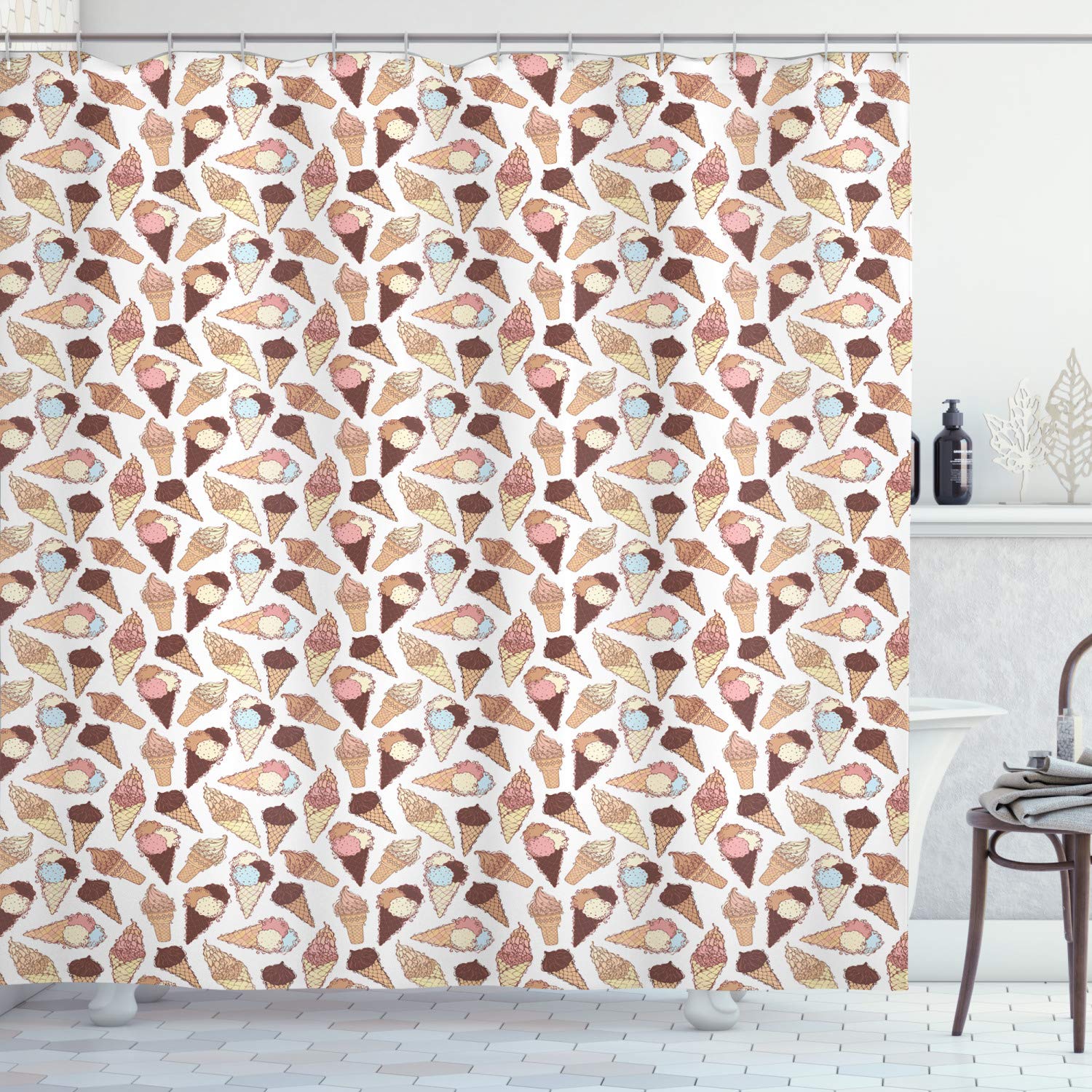 Ambesonne Ice Cream Shower Curtain - Colorful Cone Print Bathroom Decor with Hooks, 69x75 Inch Fabric Set for Summer | Perfect for Kids' Bathrooms, Ice Cream Themed Parties & Sweet Dessert Lovers