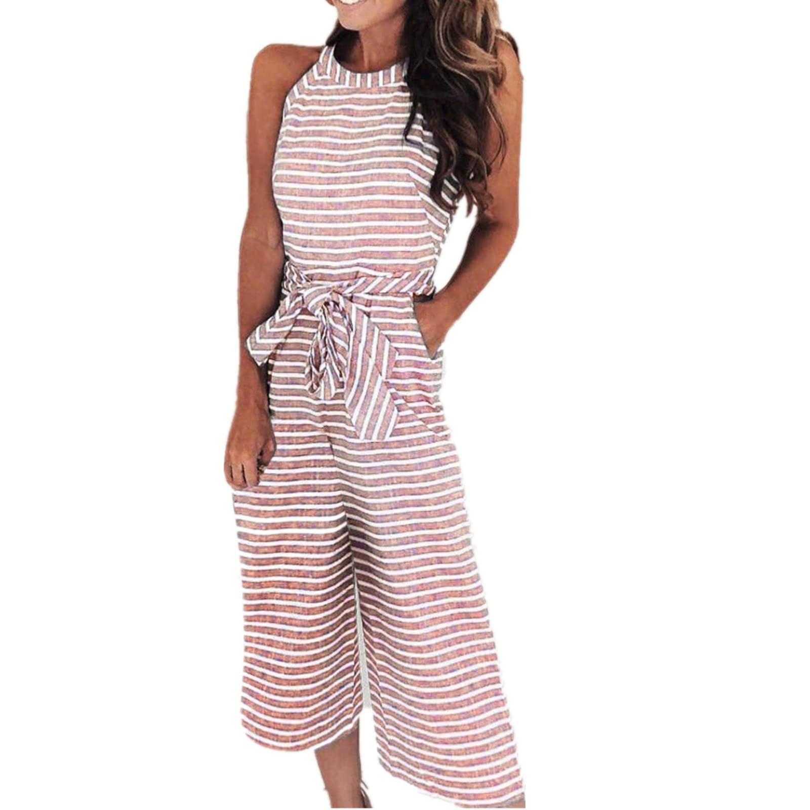 Women's Striped Sleeveless Jumpsuit - Summer Casual Romper with Round Neck & Lacing Detail | Perfect for Beach Outings, Vacations & Summer Parties