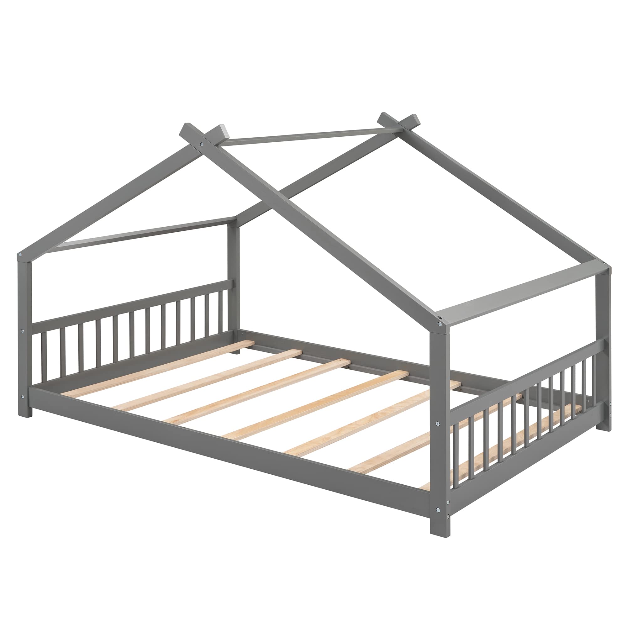 Full Size House Bed for Kids - Wooden Bed Frame with Headboard & Footboard, No Box Spring Needed - Perfect for Girls & Boys Bedroom Furniture (Grey) - Ideal for Playrooms, Kids' Bedrooms & Cozy Sleepovers