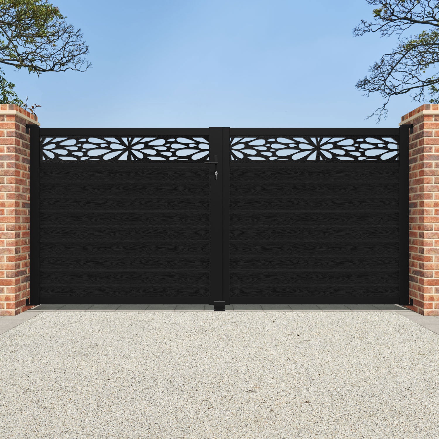 Classic Blossom Straight Top Driveway Gate - Black Powder Coated Steel with Decorative Top Screen | Perfect for Home Security, Garden Fencing & Property Enhancement