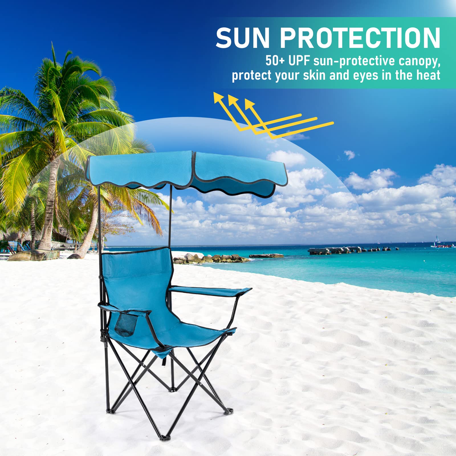 Portable Folding Camping Chair with Canopy Shade - Heavy Duty 330lbs Capacity Lawn Chair with Cup Holder & Umbrella Support - Perfect for Beach, Fishing, Picnics, Garden, Sports & Outdoor Patio Relaxation