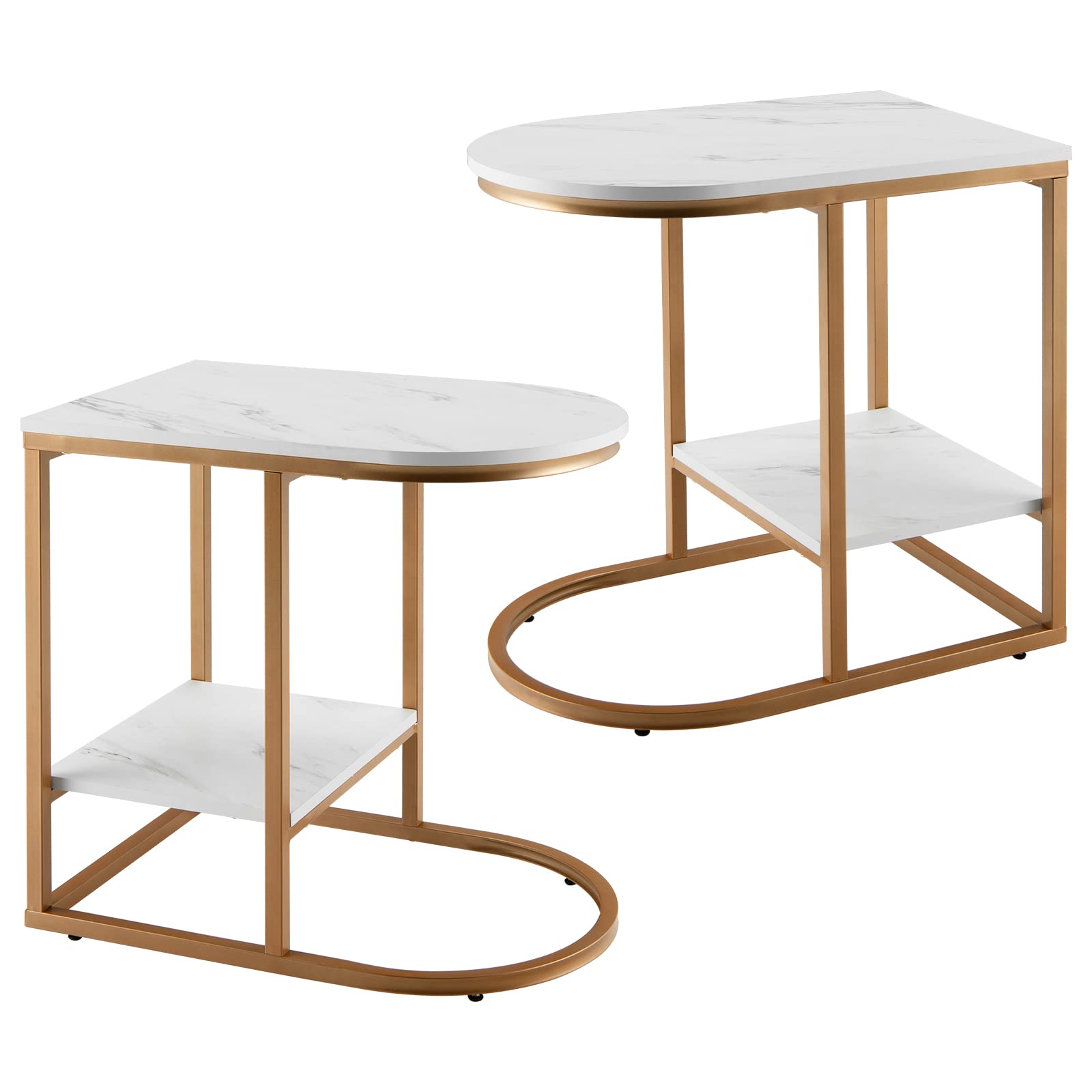 Giantex 2-Piece C-Shape Side Table Set - 2-Tier Faux Marble End Table with Storage Shelf & Sturdy Metal Frame, Sliding Sofa Table for Living Room, Bedroom Nightstand (White & Gold) | Perfect for Small Spaces, Apartment Decor & Coffee Table Alternative