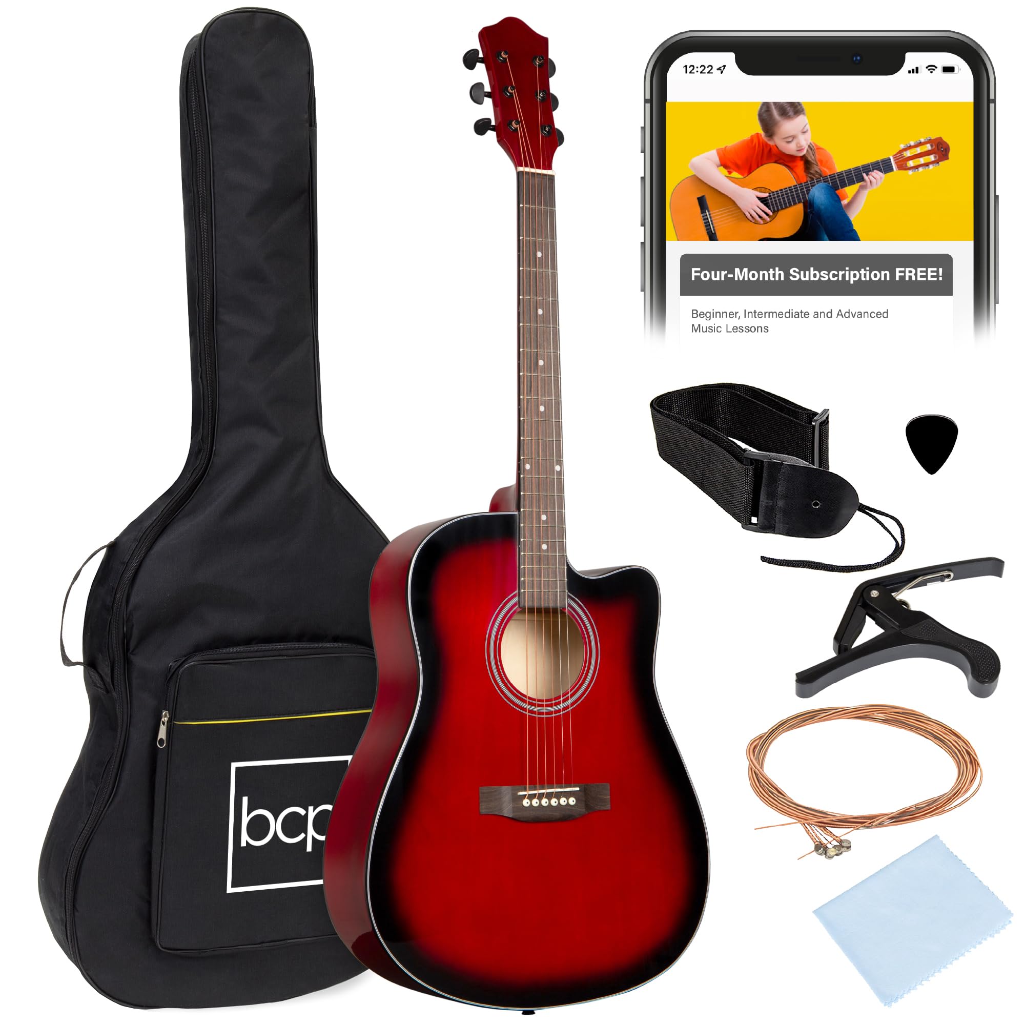Best Choice Products 41-Inch Full Size Beginner Acoustic Guitar Starter Set - All Wood Cutaway Design with Case, Strap, Capo, Strings & Picks (Red) - Perfect for Beginners, Practice, Performances & Gifts