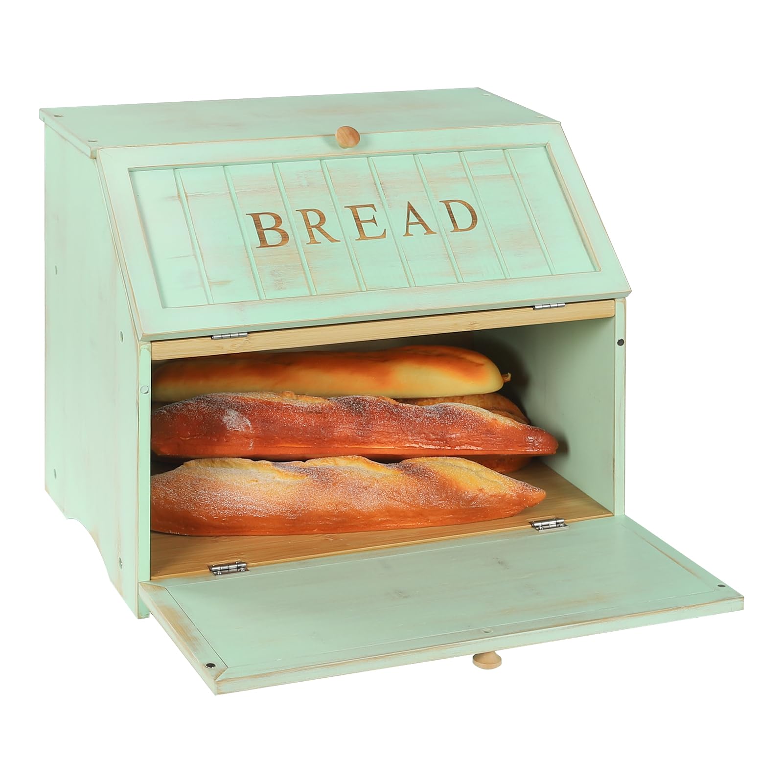 Double Layer Large Bread Box for Kitchen Counter - Retro Wooden Bread Storage Bin with High Capacity (Mint Green) | Perfect for Bread, Pastries & Baked Goods Storage - Ideal for Home, Bakery & Restaurant Use