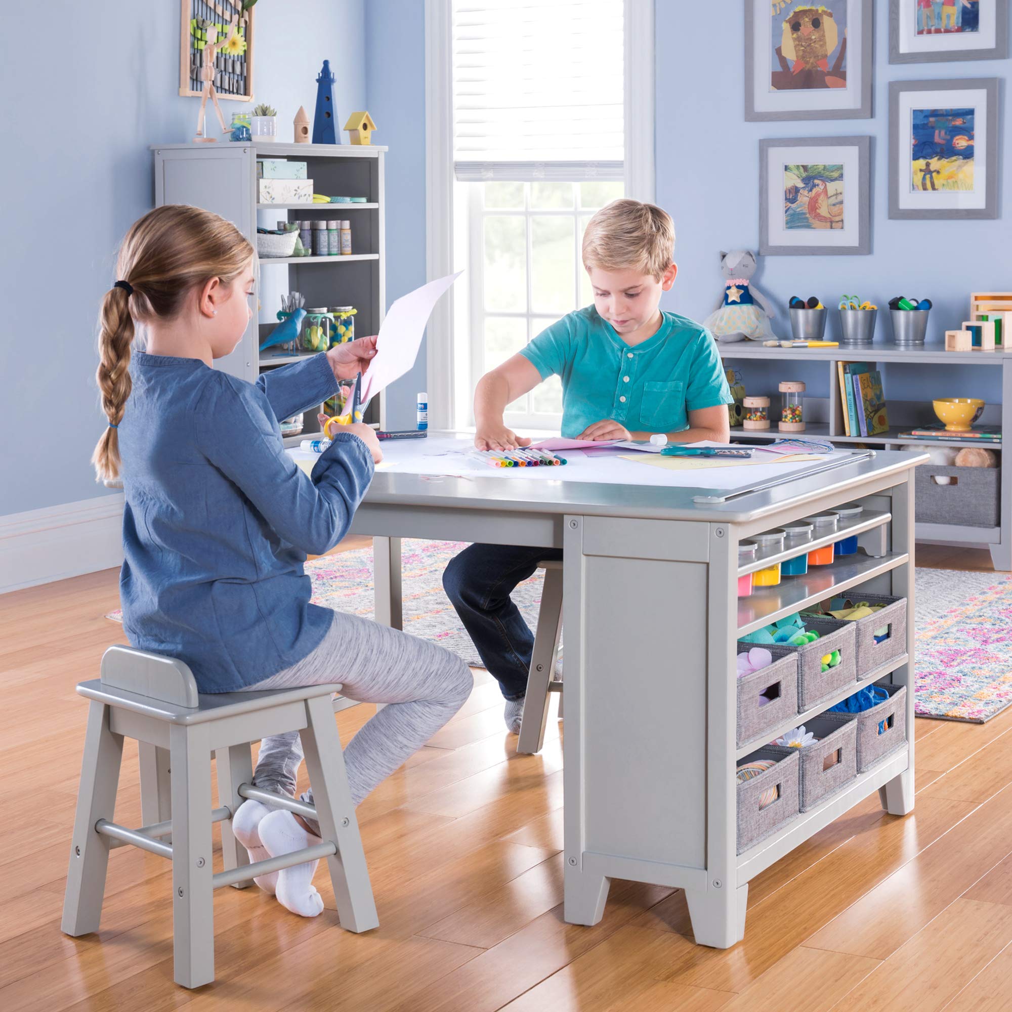 Martha Stewart Kids' Art Table and Chairs Set - Wooden Play Table for Arts & Crafts, Coloring Desk with Storage Bins & Paper Roll | Perfect for Playrooms, Homeschooling & Creative Activities | Gray