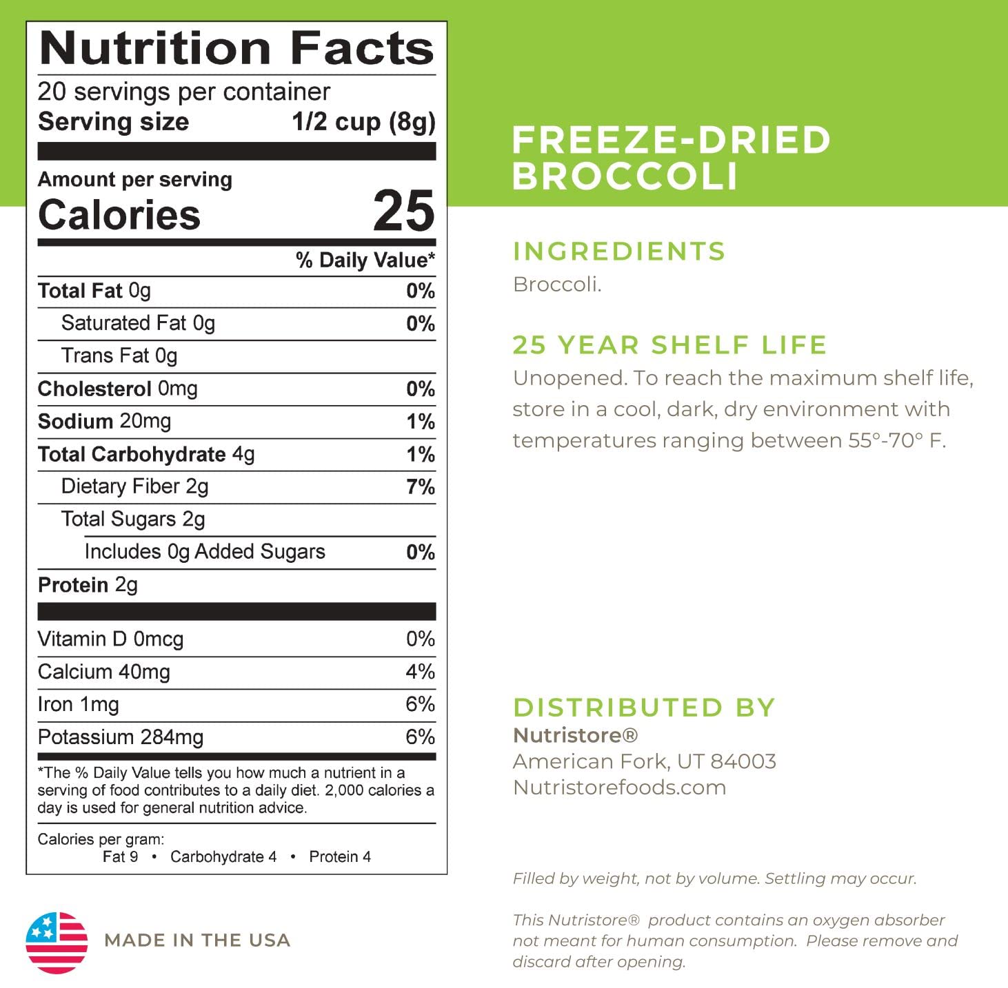 Nutristore Freeze Dried Broccoli - Healthy Vegetable Snacks for Emergency Food Storage | Long Shelf Life (25 Years) Bulk #10 Can | Perfect for Camping, Hiking & Survival Kits (4-Pack)