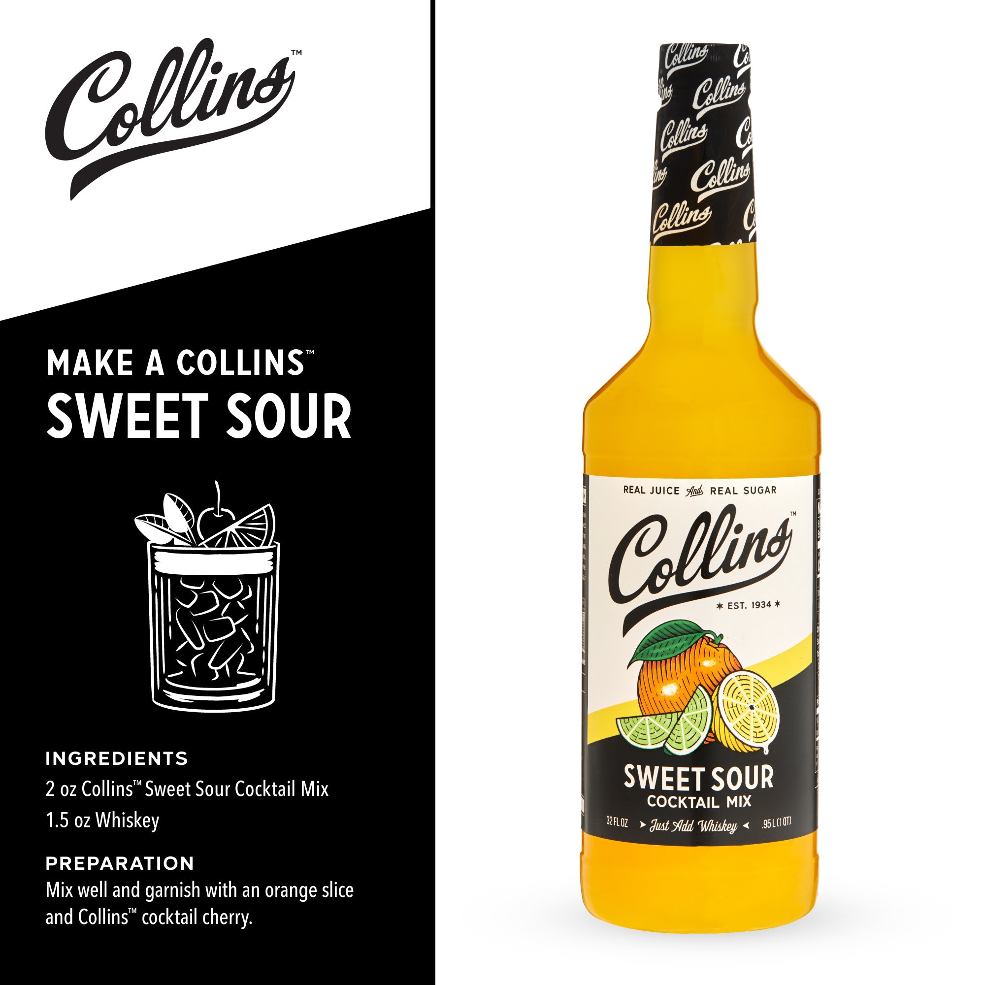 Sweet & Sour Cocktail Mix 32 oz - Premium Bar Mix for Margaritas, Whiskey Sours & More - Perfect for Home Bars, Parties & Mixology Enthusiasts