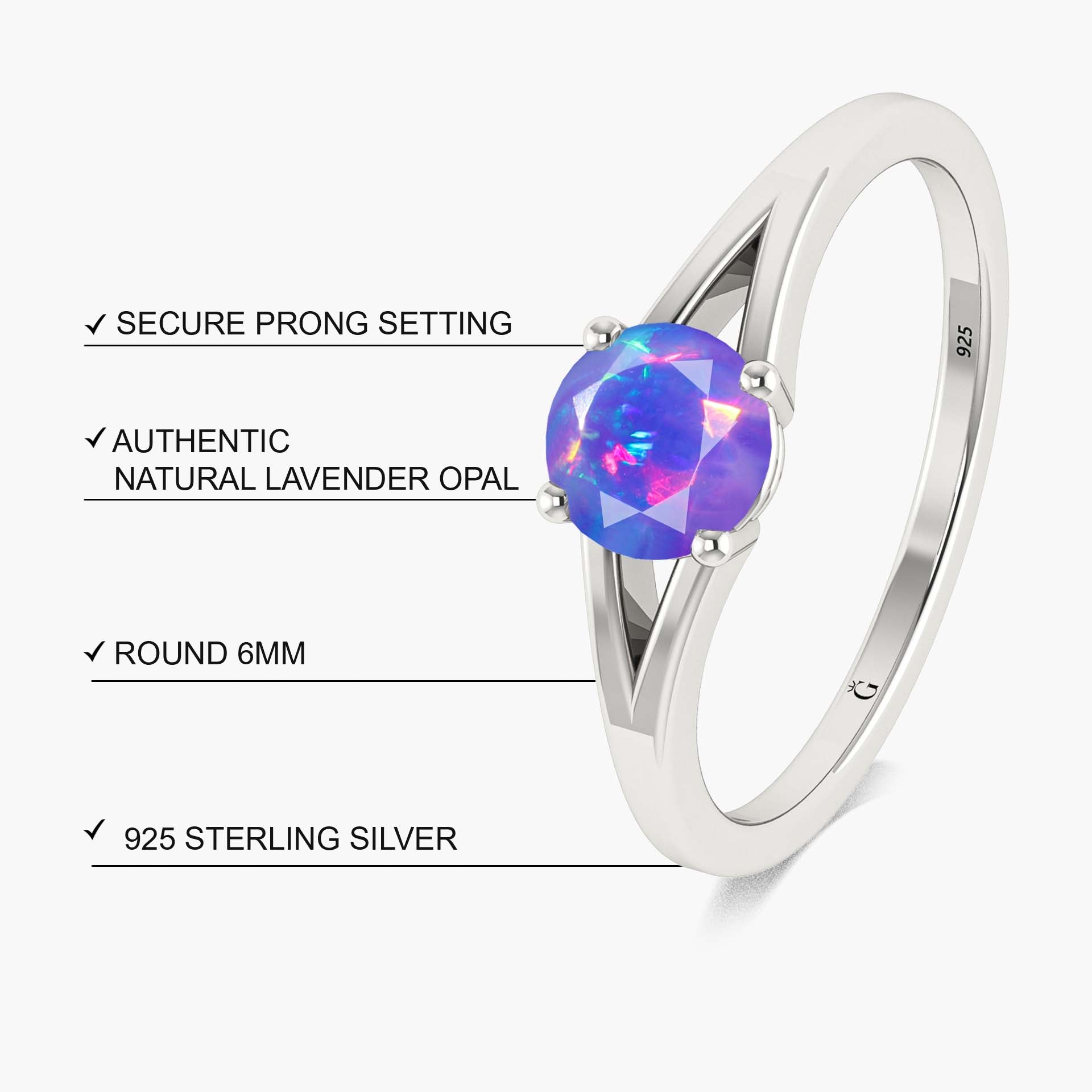 Dainty Round Lavender Fire Minimalist Opal Ring - Elegant Sterling Silver Jewelry for Women, Perfect for Everyday Wear & Special Occasions
