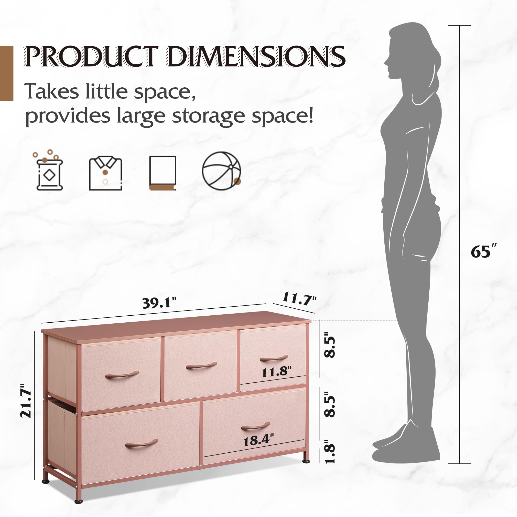 5-Drawer Fabric Dresser for Bedroom - Wide Storage Chest with Fabric Bins | Closet, Living Room & Hallway Organization | Pink & Rose Gold Home Decor