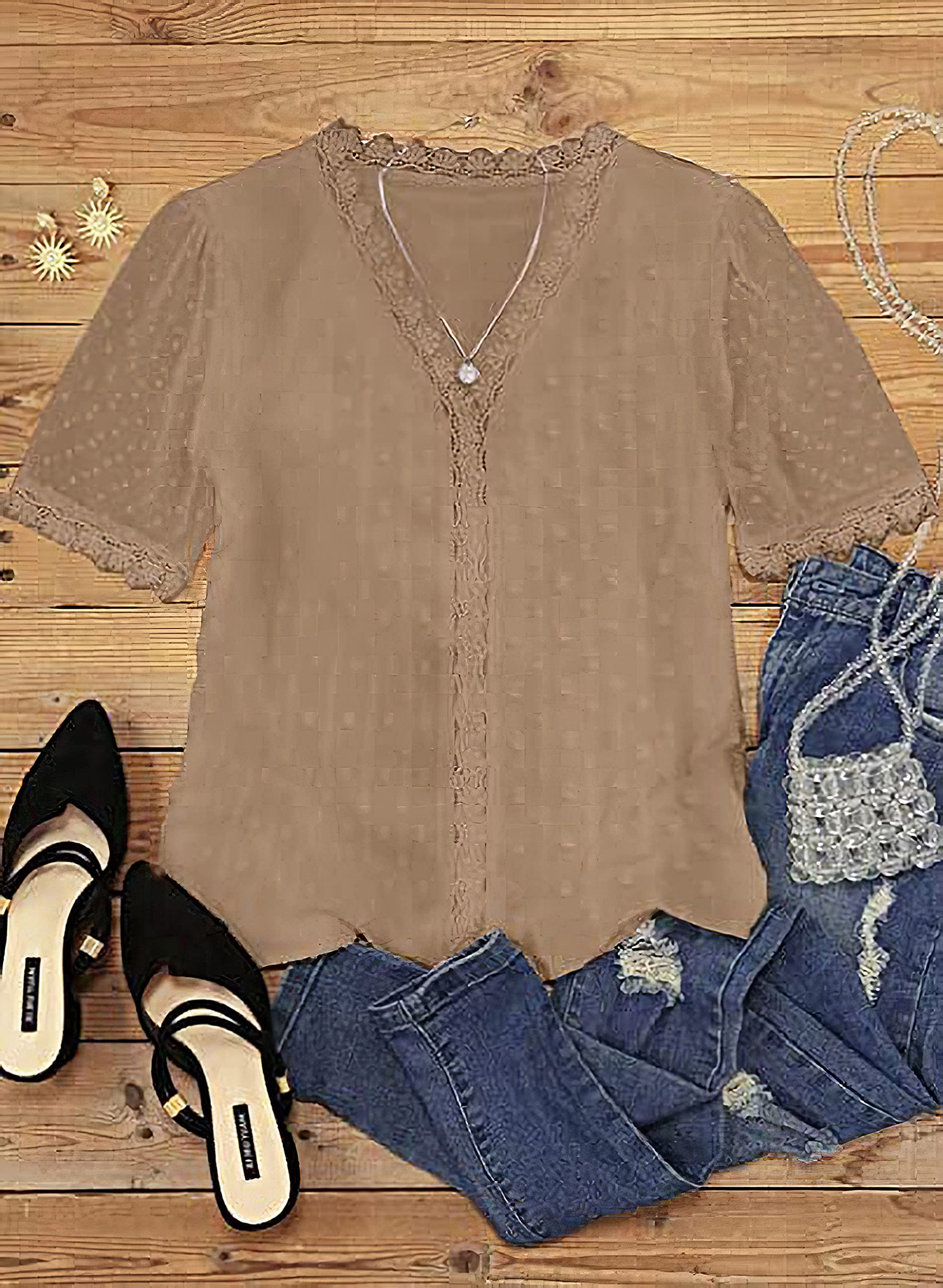 Women's V Neck Lace Crochet Flowy Casual Blouse - Short Sleeve Vintage Elegant Tunic Top for Summer, Beach, and Boho Chic Outfits