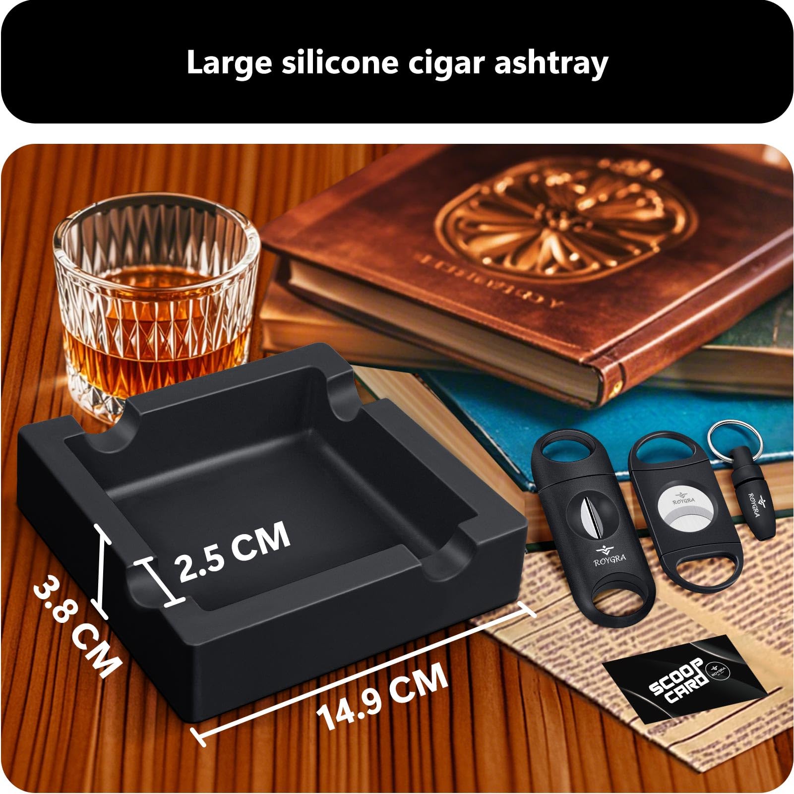 Premium Outdoor Cigar Ashtray with 3 Built-in Cutters - Large Ring Gauge Silicone Ash Tray (5.9