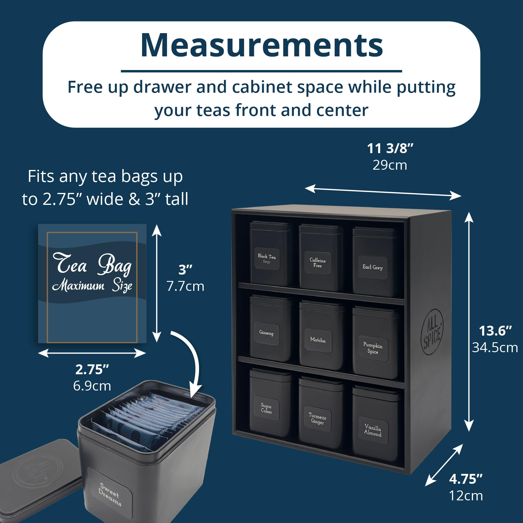 Premium AllSpice Tea Organizer Rack with 9 Airtight Tins & 160 Magnetic Labels - Perfect for Bagged & Loose Leaf Tea Storage - Black - Ideal for Kitchen Countertop & Pantry Organization