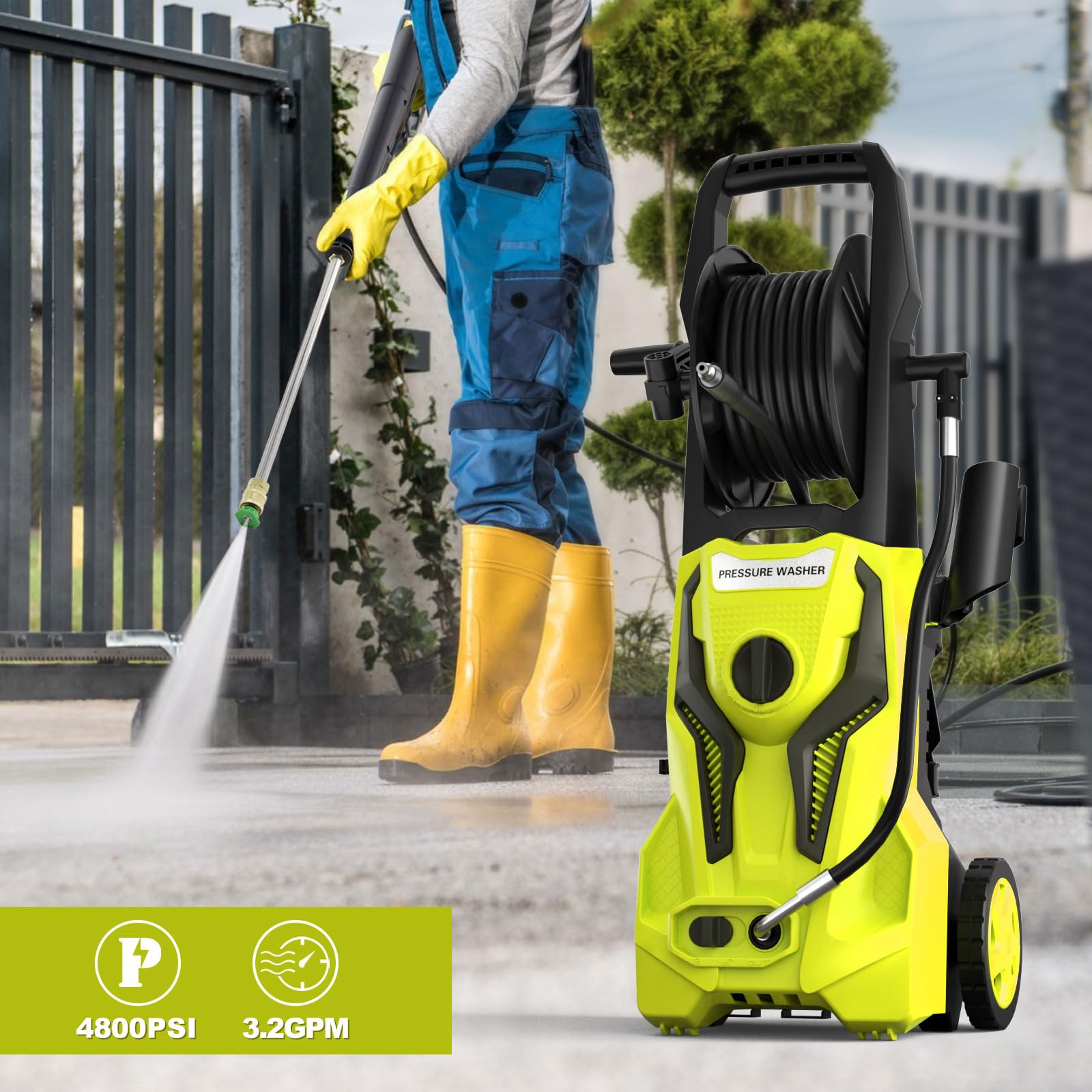 ZHUOLIN 4800PSI 3.2GPM Electric Pressure Washer with 25FT Hose Reel, 4 Nozzles & Foam Cannon - Powerful Cleaning for Cars, Driveways, Patios, Decks, Siding & Outdoor Surfaces - Ideal for Home, Garage and Commercial Use
