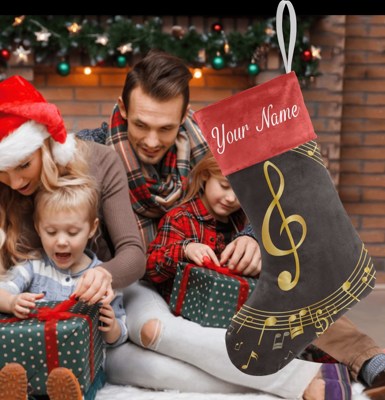 Custom Golden Music Note Christmas Stockings - Personalized Name Holiday Socks for Family Party Decor (17.52 x 7.87 Inch) - Perfect for Fireplace Mantel, Gift Exchange & Festive Home Decor