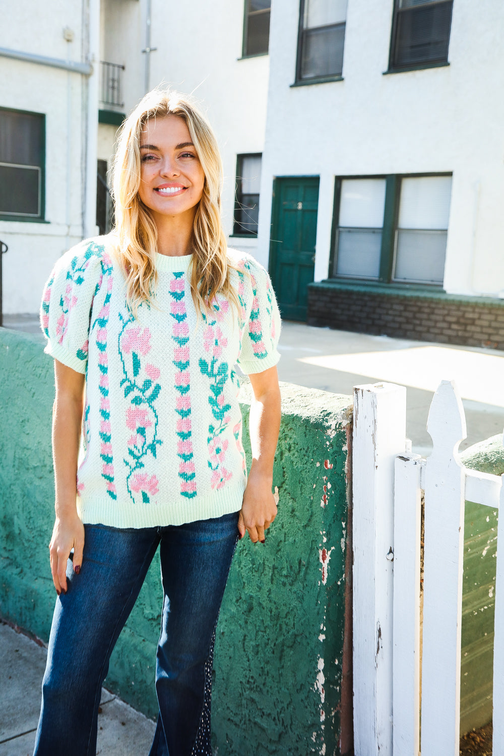 All For Love Mint Jacquard Floral Bubble Sleeve Sweater Top | Women's Fashion Knitwear | Perfect for Date Night & Fall Layering