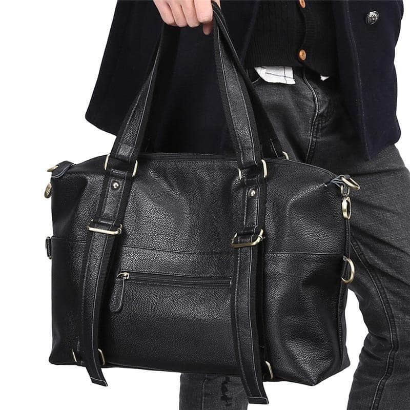 Nesitu Large Capacity Black Genuine Leather A4 Handbag for Women - Professional Work Tote Bag with Laptop Compartment, Perfect for Office, Business Travel & Daily Commute