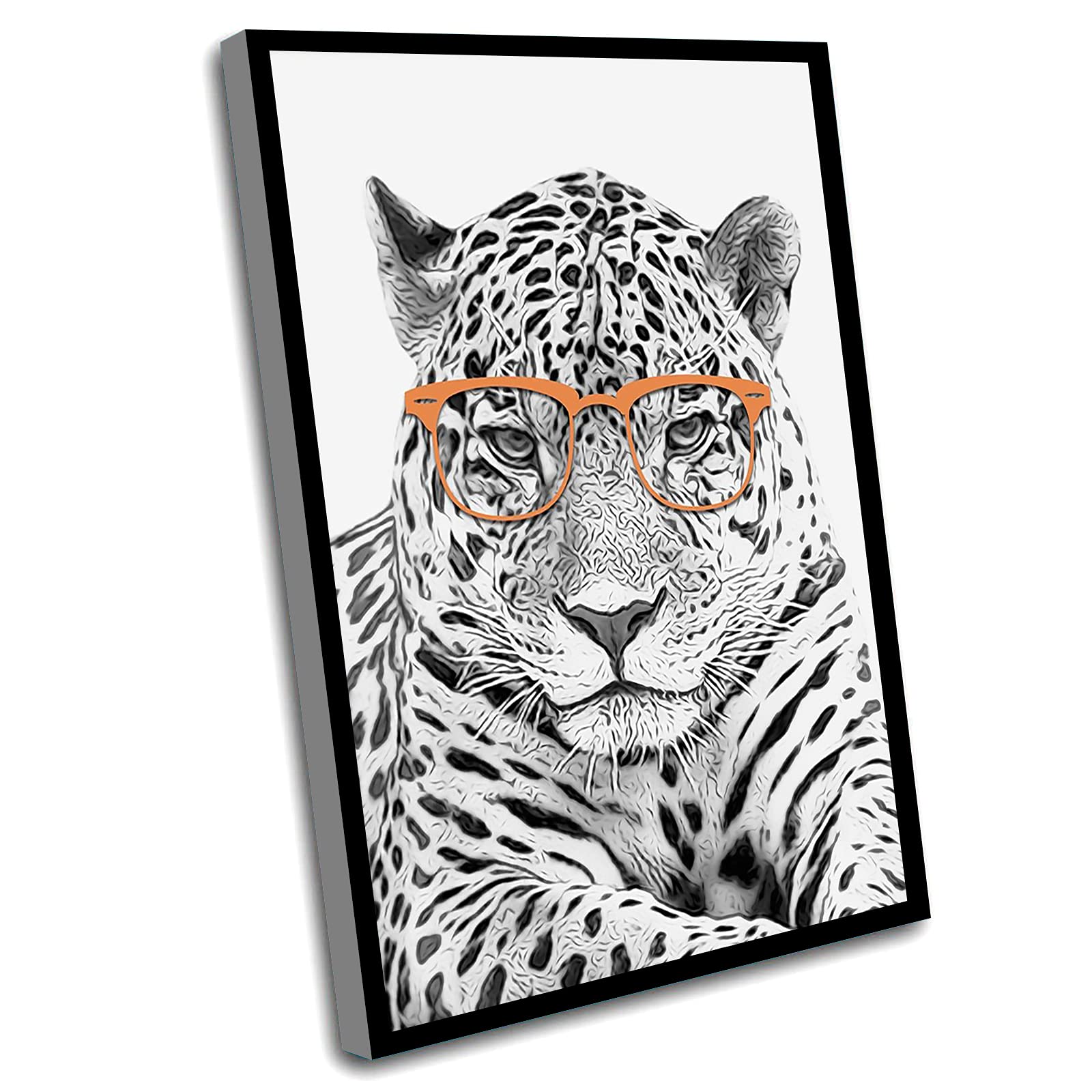 Farmhouse Kids Nursery Decor - 16x24 Inch Framed Leopard Wall Art Print with Jungle Animals in Glasses, Black & White Animal Art for Baby Room & Playroom Decor