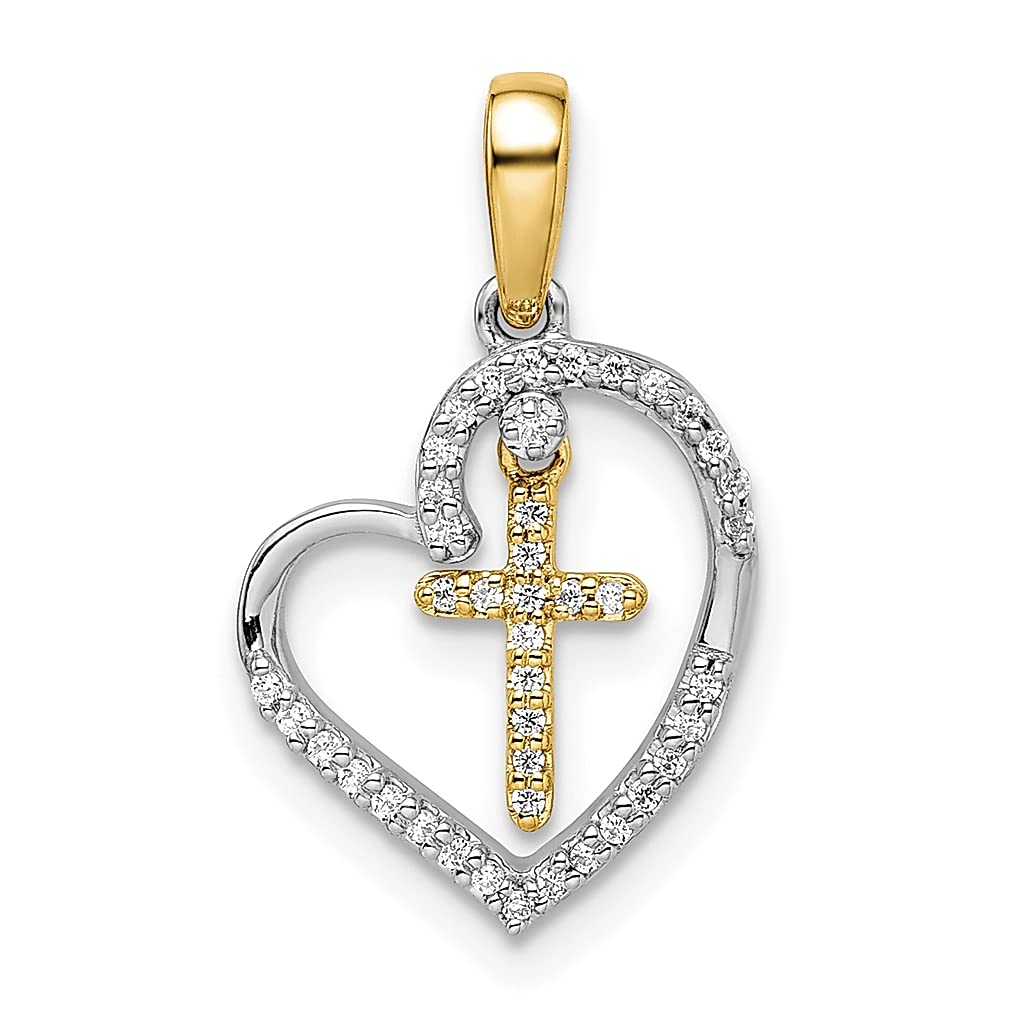 14K Two-Tone Yellow Gold Heart Cross Religious Diamond Pendant Necklace for Women - Elegant Fine Jewelry Gift for Her - Perfect for Weddings, Anniversaries & Special Occasions