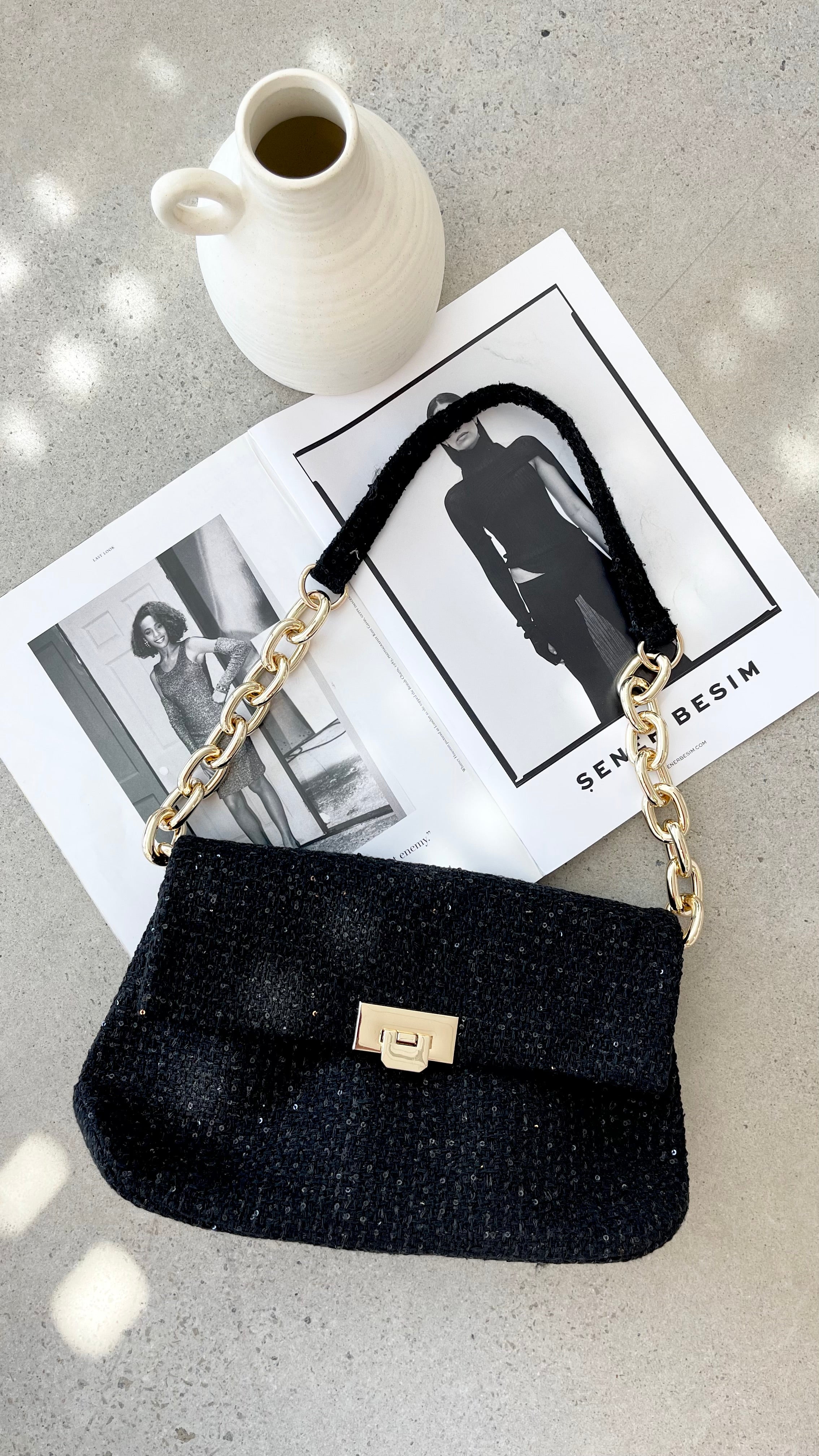 Fion Boucle Chain Strap Handbag for Women - Elegant Black Shoulder Bag Purse for Work, Party & Evening Out