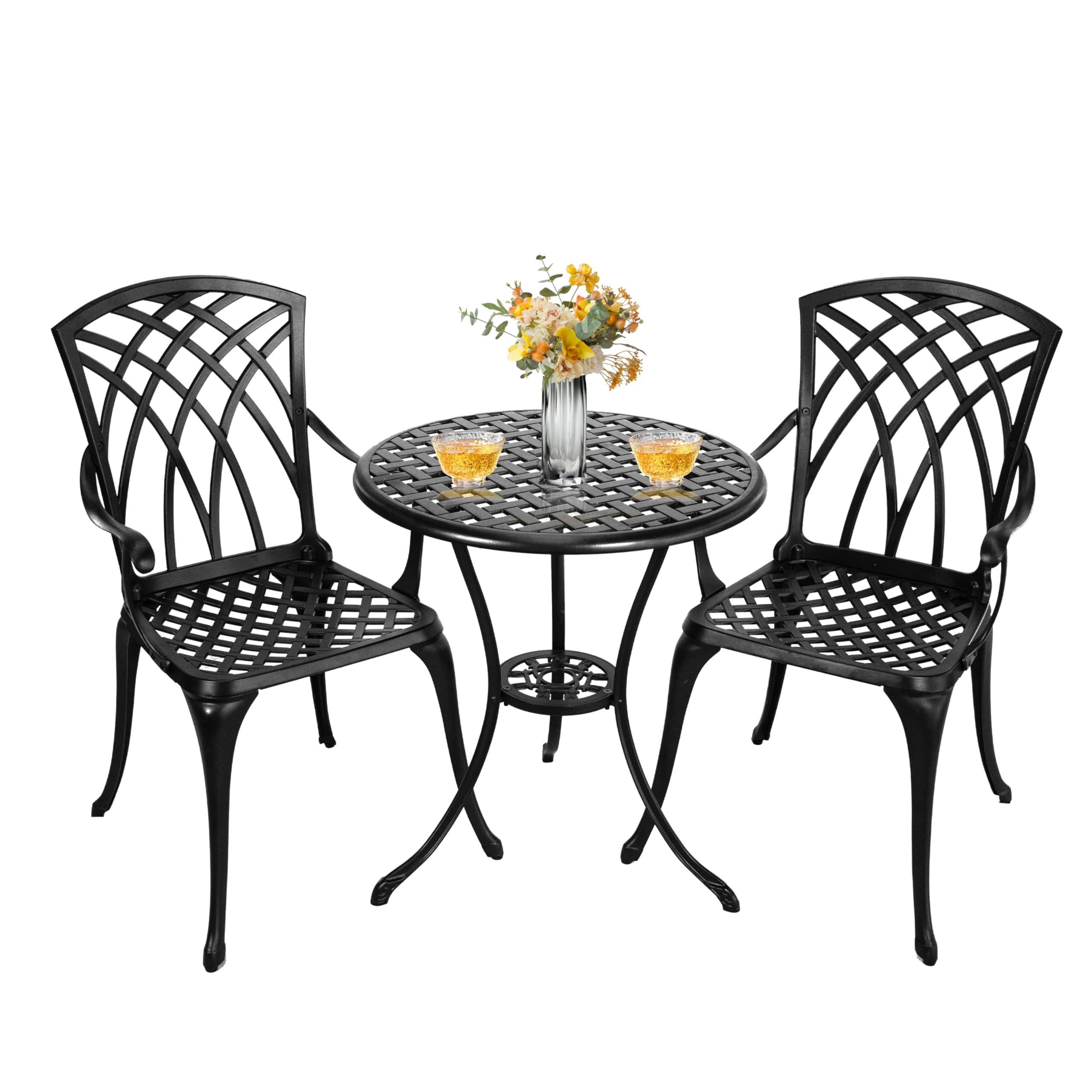 3-Piece Black Cast Aluminum Bistro Patio Set with 2 Chairs & Umbrella Hole - All-Weather Outdoor/Indoor Dining Set for Garden, Yard, Balcony or Cafe Use