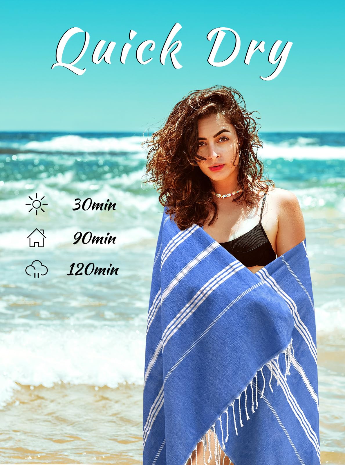 Premium Cotton Turkish Beach Towel - Oversized Lightweight Peshtemal for Sand-Free Beach, Pool & Travel | Quick-Dry Hammam Towel in Prewashed Denim Blue | Perfect for Vacation, Yoga & Spa Days