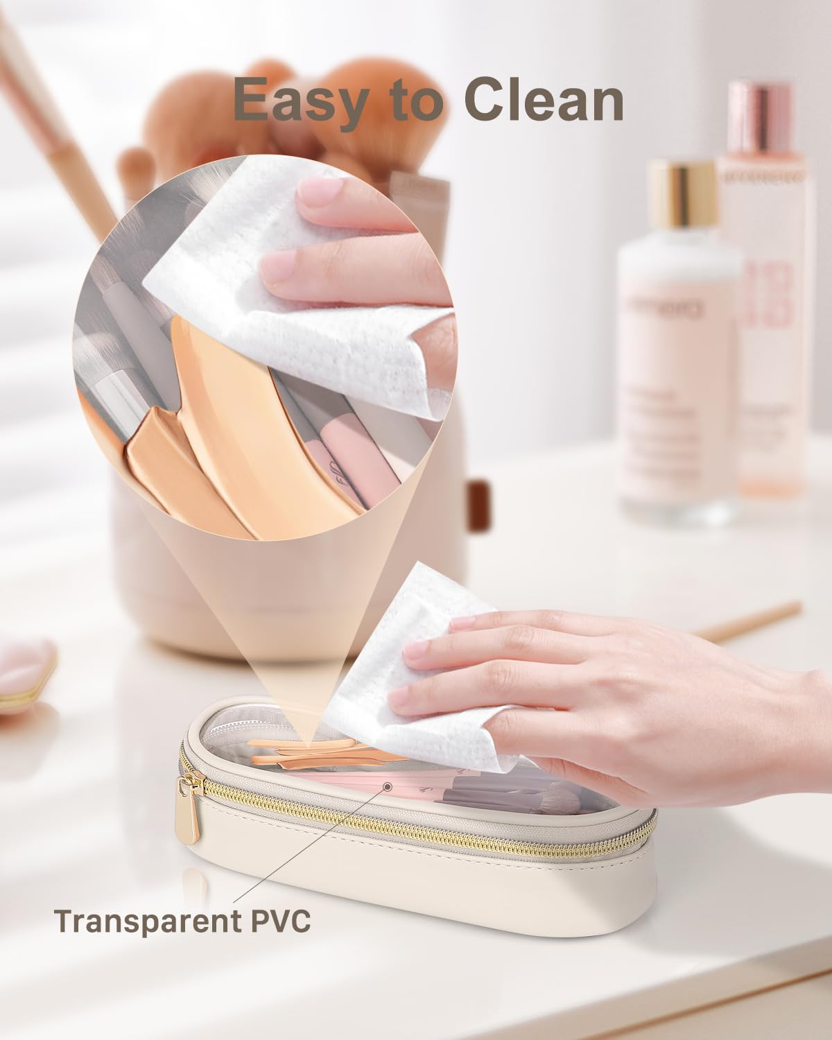 Clear Travel Makeup Brush Holder - Waterproof Leather Cosmetic Case for On-the-Go Beauty