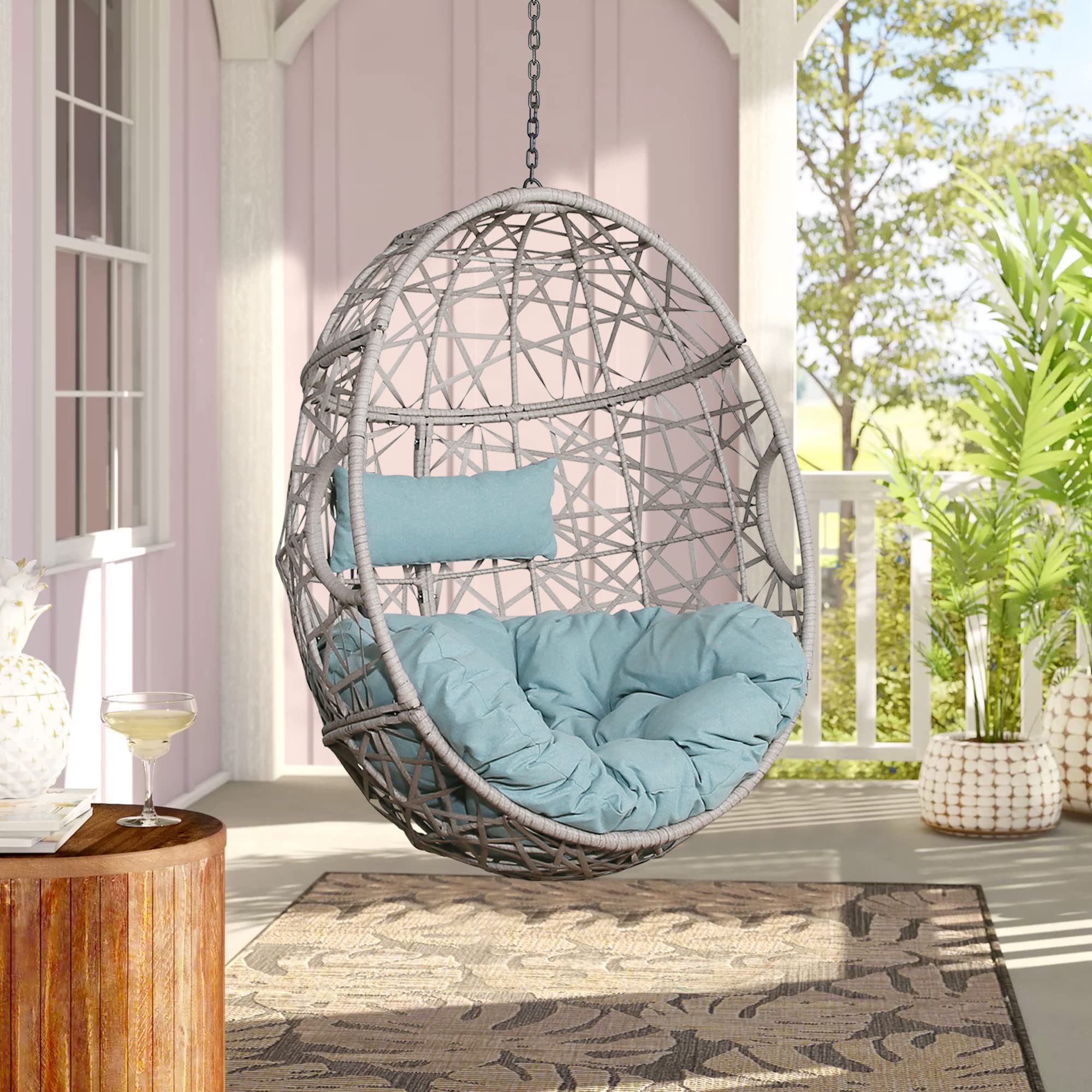 Outdoor Hammock Chair with Cushion & Pillow - Wicker Swing Basket Hanging Egg Chair for Patio, Garden, Balcony or Indoor Relaxation - Turquoise Blue Boho Decor