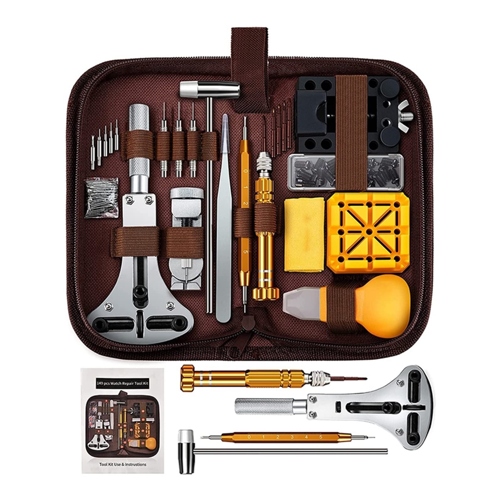 PAMDO 149-Piece Professional Watch Repair Kit - Watch Battery Replacement Tool, Watch Band Repair Kit, Spring Bar Tool Set for Watchmakers & DIY Enthusiasts (Brown) - Perfect for Watch Repair, Maintenance & Battery Replacement at Home or Workshop