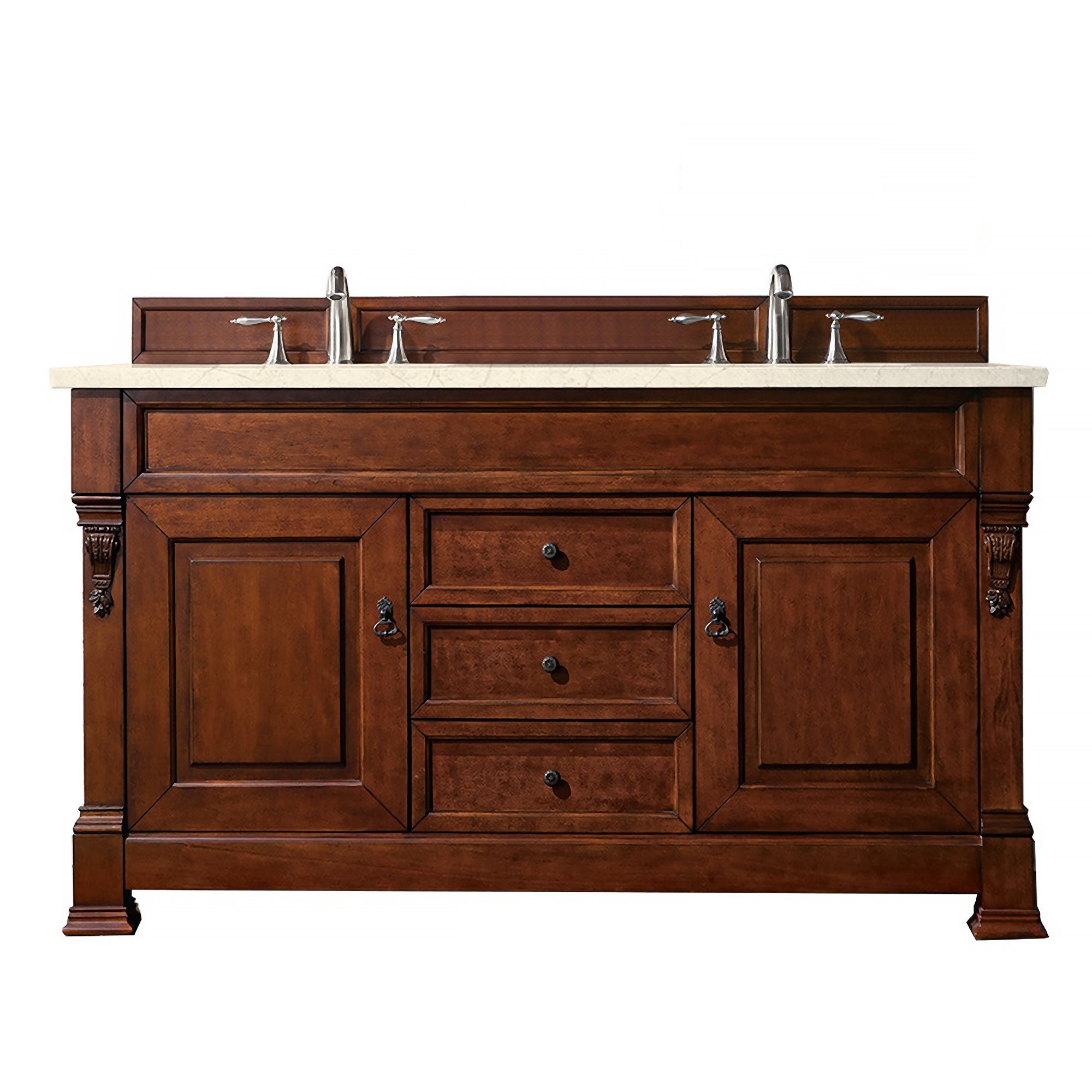 Brookfield 60-Inch Double Vanity with Warm Cherry Finish & 3CM Eternal Marfil Quartz Top - Perfect for Master Bathroom & Luxury Home Renovation
