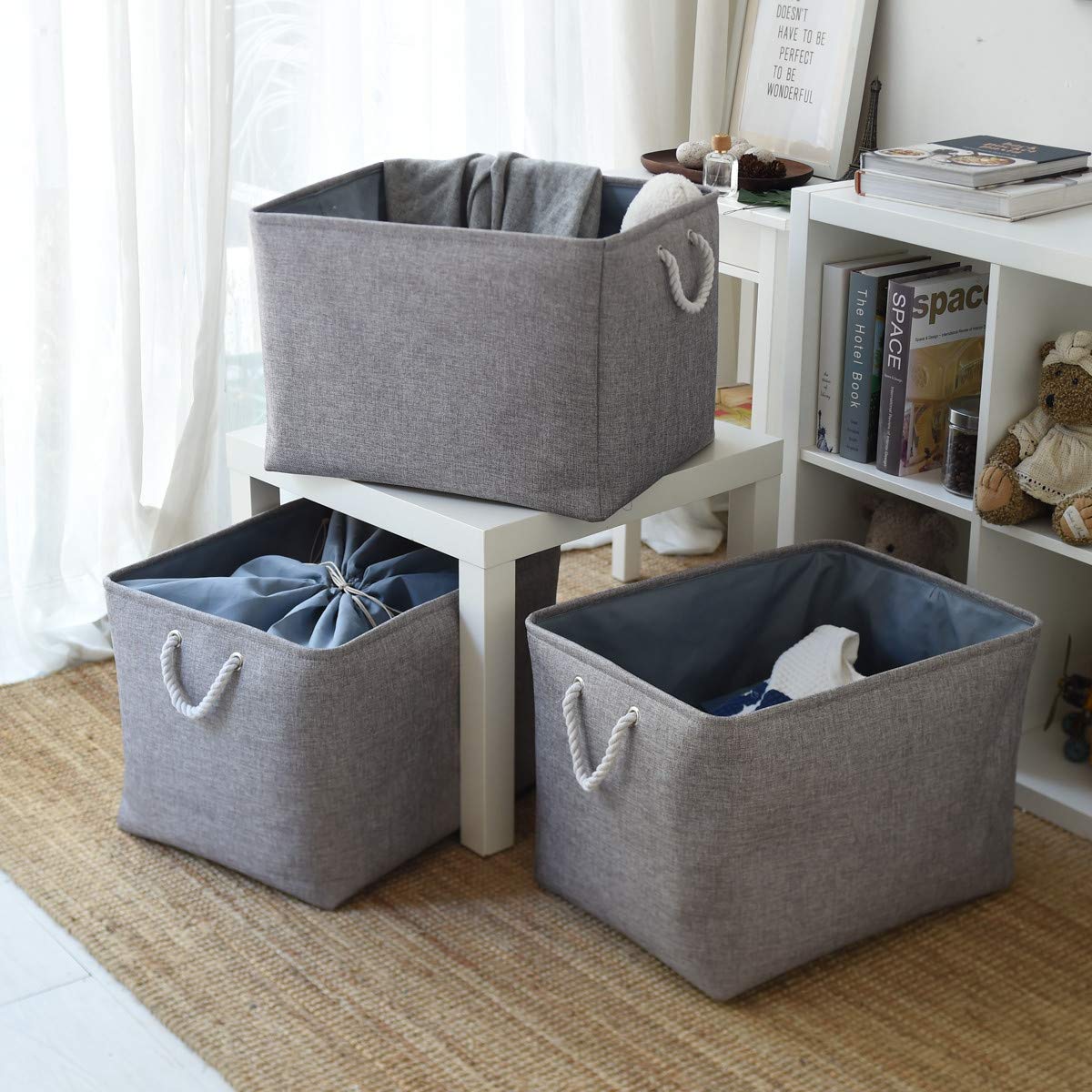 Fabric Storage Basket with Rope Handles - Large Organizer for Bedroom, Bookshelves & Coffee Table (15.7