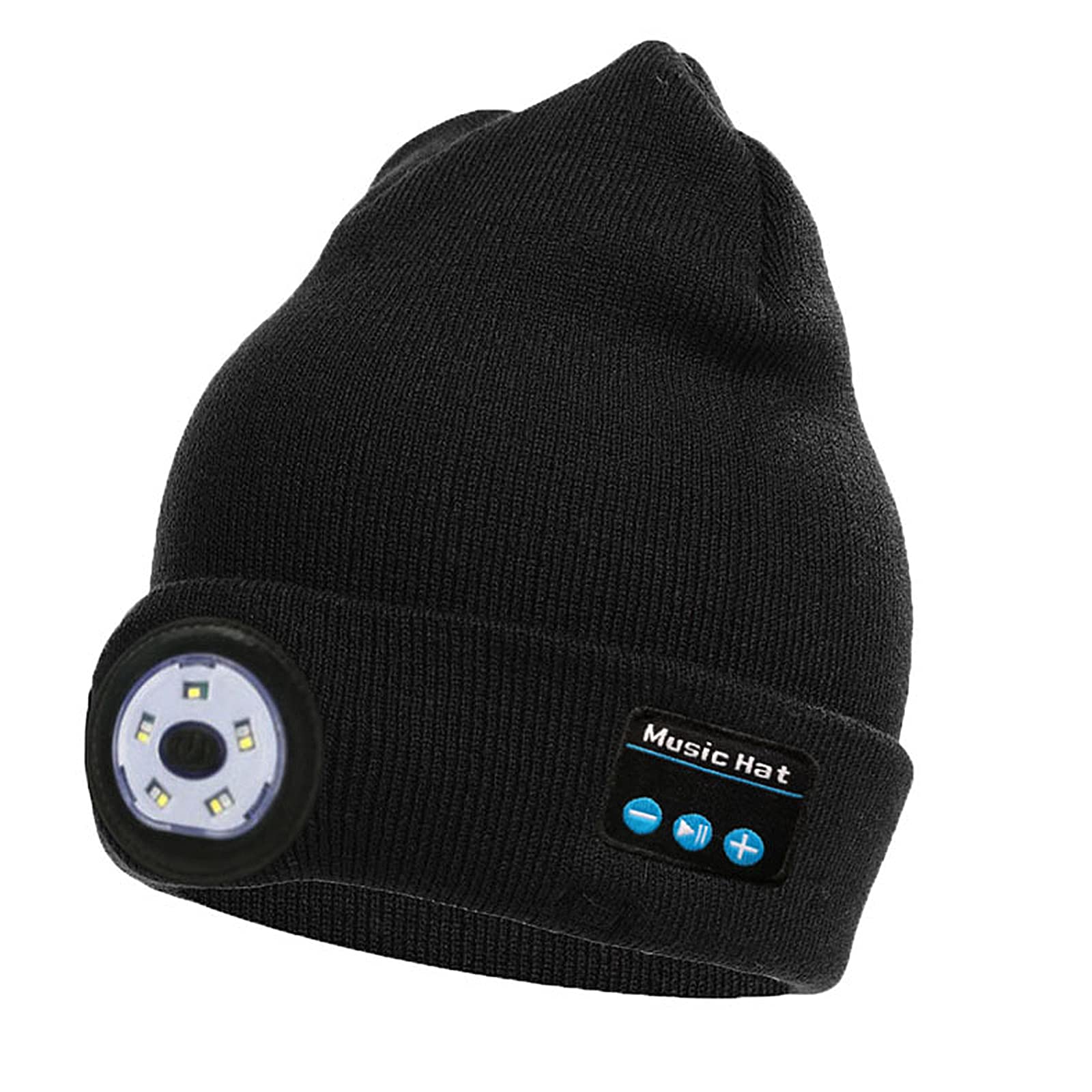 Bluetooth Beanie Hat with Built-in LED Light & Wireless Headphones - Rechargeable Winter Knit Cap for Men, Women & Teens - Perfect for Hiking, Camping & Outdoor Activities (Black)