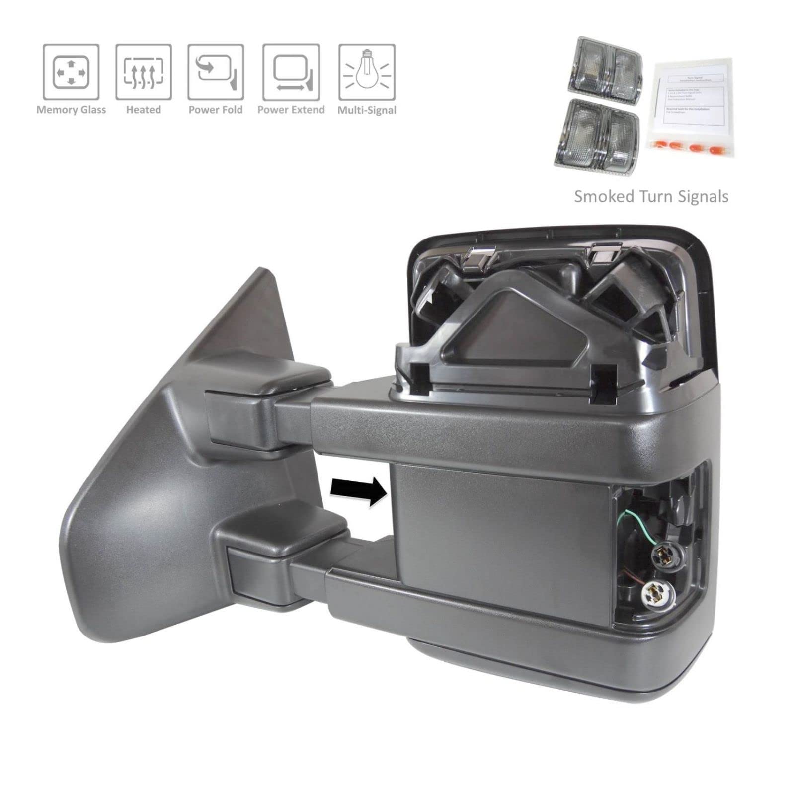 Power Folding Heated Memory Towing Mirrors - Chrome Smoke Turn Mirror Pair for Trucks & SUVs | Enhanced Visibility & Safety in All Weather Conditions