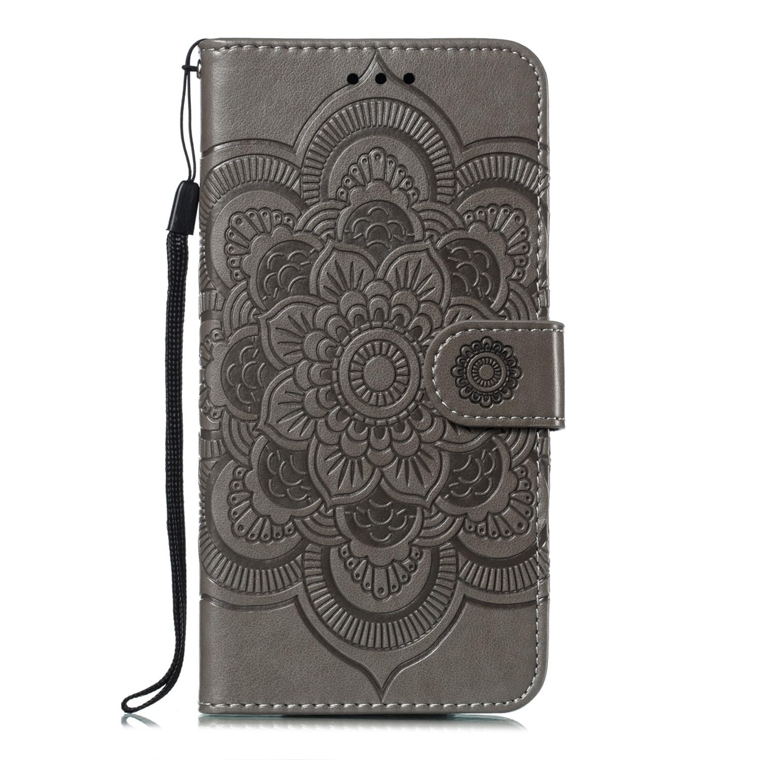 Premium Leather Mandala Flip Wallet Case for iPhone SE/7/8 - Slim Magnetic Stand Cover with Card Slots & Lanyard (Gray) | Perfect for Travel, Work & Everyday Protection