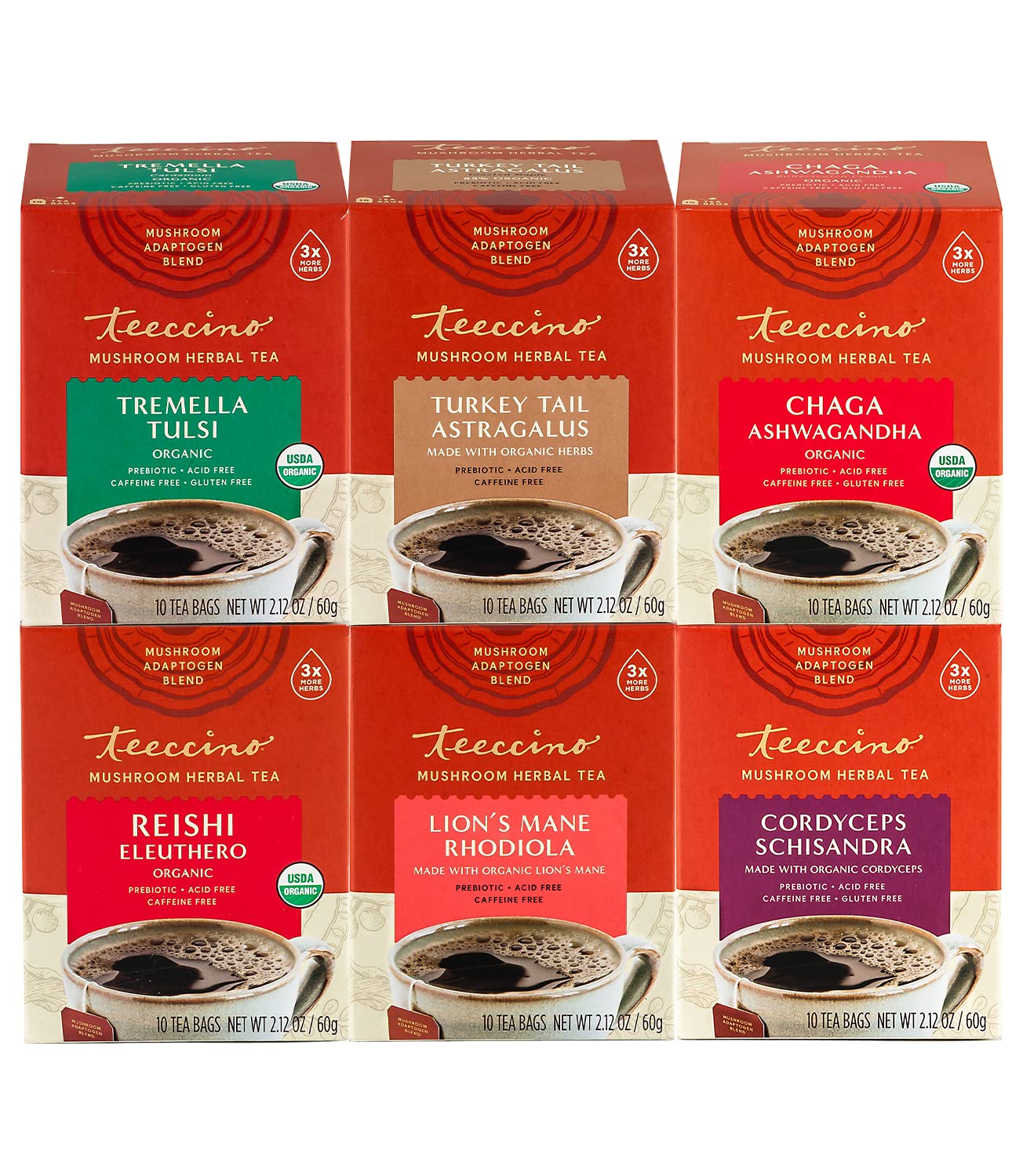 Teeccino Mushroom Herbal Tea Variety Pack - 6 Pack of 60 Caffeine-Free Prebiotic Roasted Herbal Tea Bags | Organic Coffee Alternative for Gut Health | Perfect for Morning Routine & Relaxation
