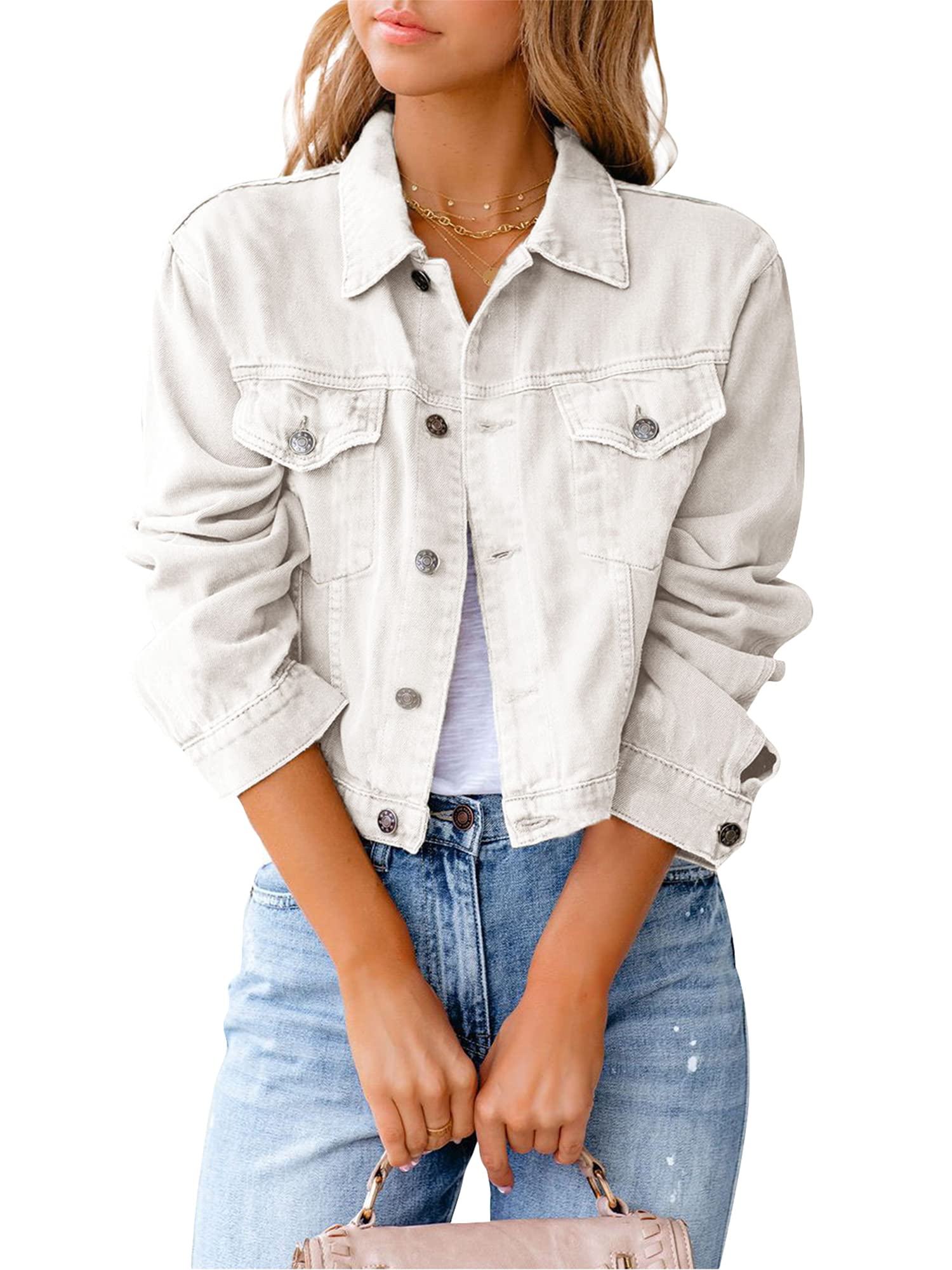 Women's Denim Jacket - Solid Color Long Sleeve Button Down Jean Jacket for Women, Loose Fit Cardigan Style Coat for Spring & Autumn | Casual Outfits, Layering, Daily Wear