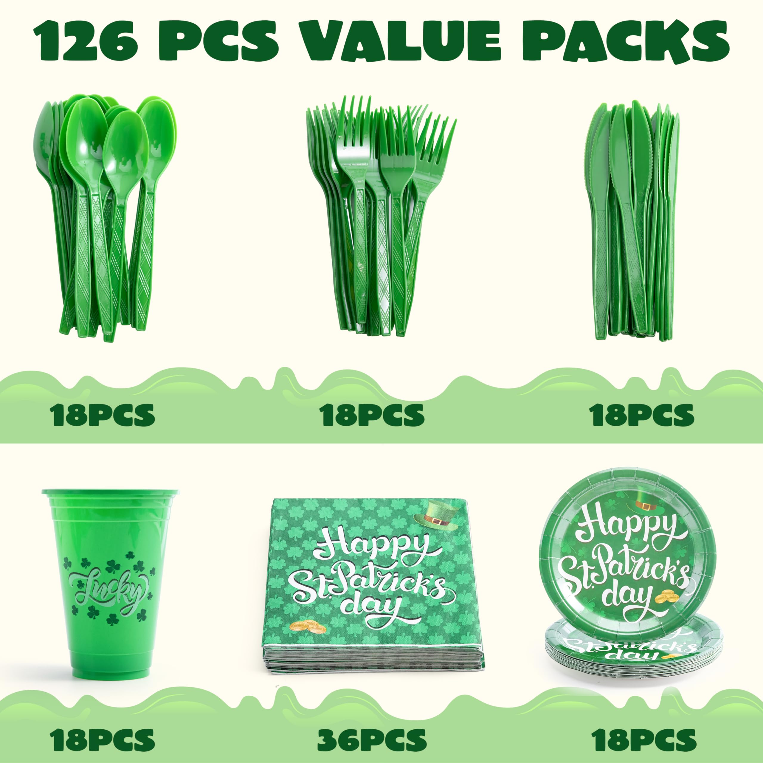 JOYIN 126PCS St. Patrick's Day Party Tableware Set - 18-Person Shamrock Themed Dinner Kit with 9-inch Plates, Cups, Napkins & Cutlery (Forks, Knives, Spoons) - Perfect for Irish Themed Parties, Holiday Celebrations & Family Gatherings