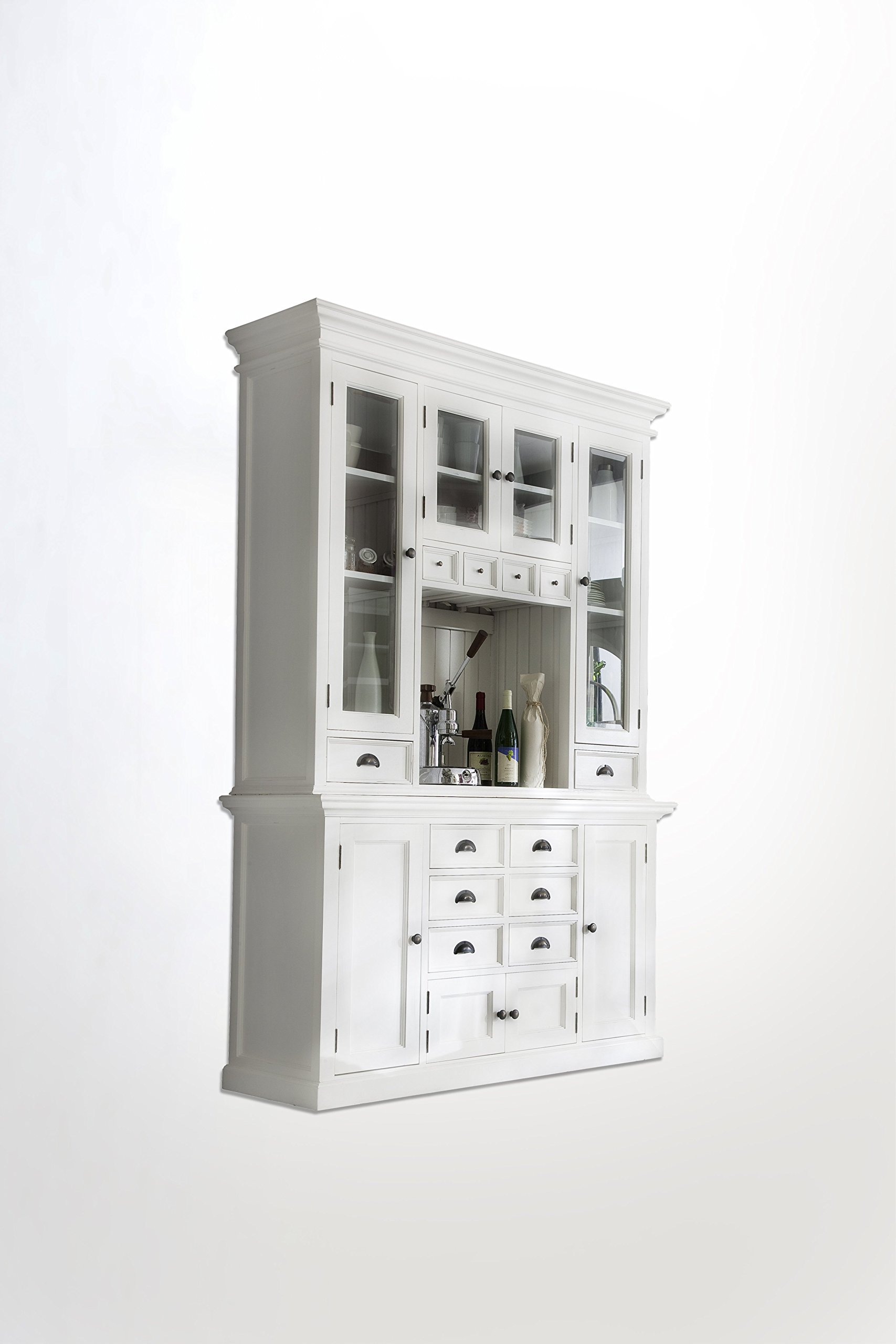 NovaSolo White Mahogany Hutch Cabinet with Glass Doors & 12 Drawers - Perfect for Dining Room Storage