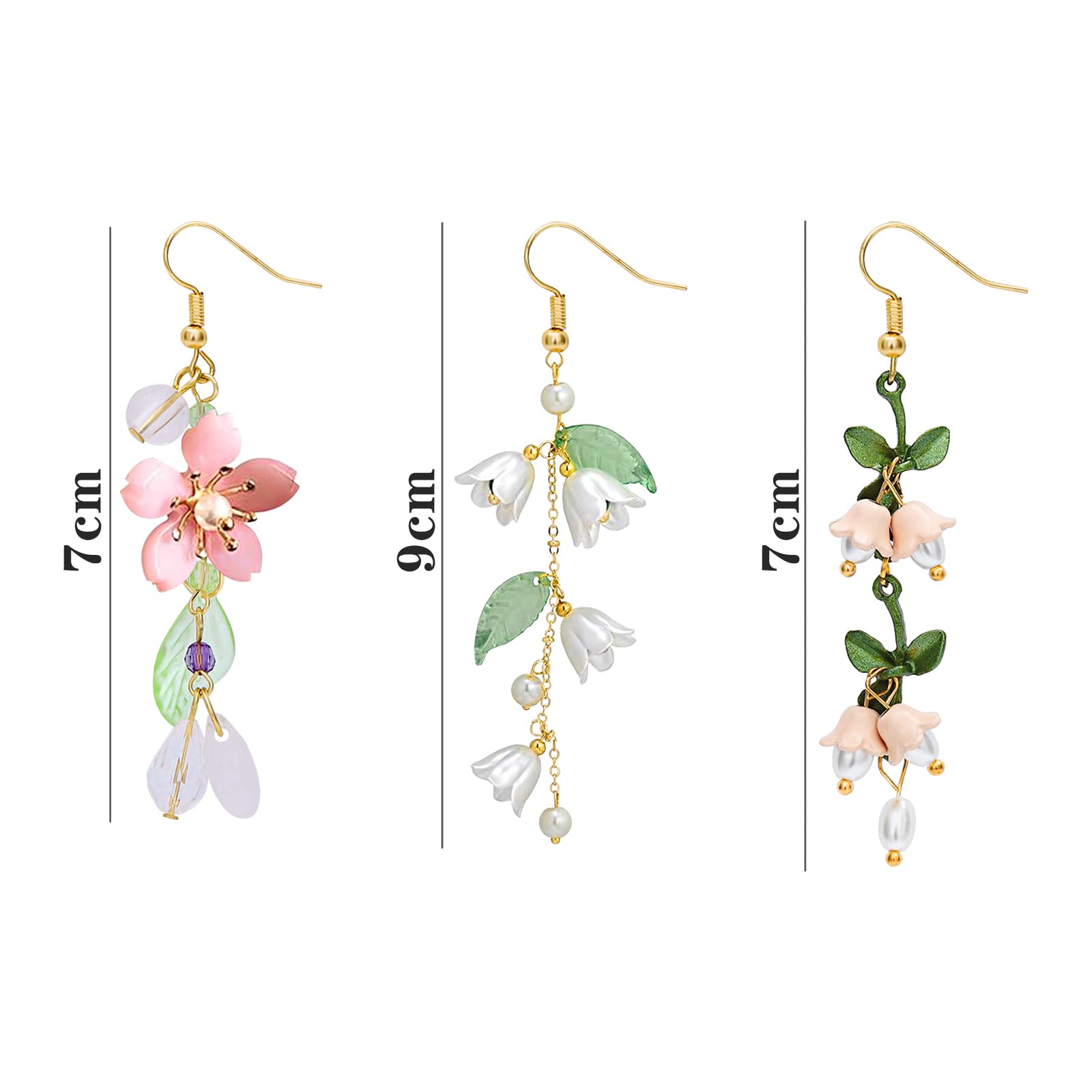 NEWITIN 3 Pairs Long Floral Dangle Earrings for Women - Hypoallergenic Leaf & Tassel Statement Jewelry - Pink Flower Earrings for Party, Wedding & Everyday Wear