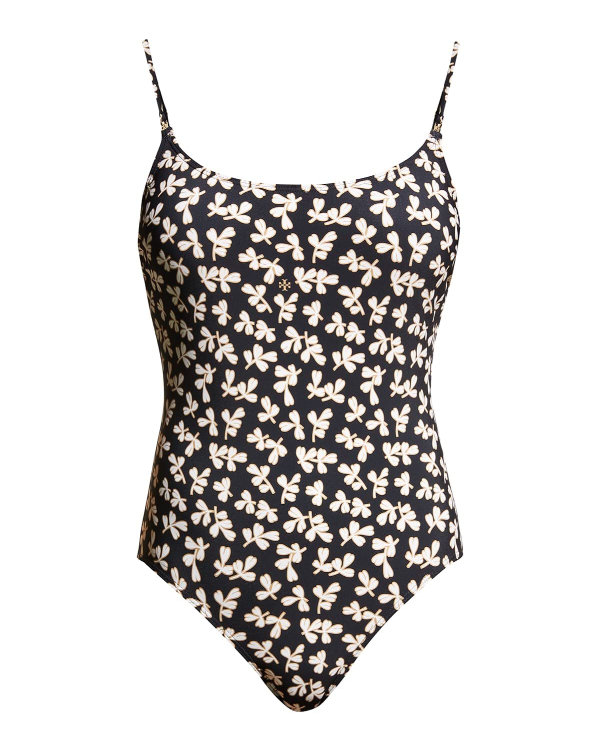 Tory Burch Women's Printed High Leg One Piece Swimsuit - Black Little Leaves Design for Beach Vacation & Pool Party | Stylish Swimwear for Summer