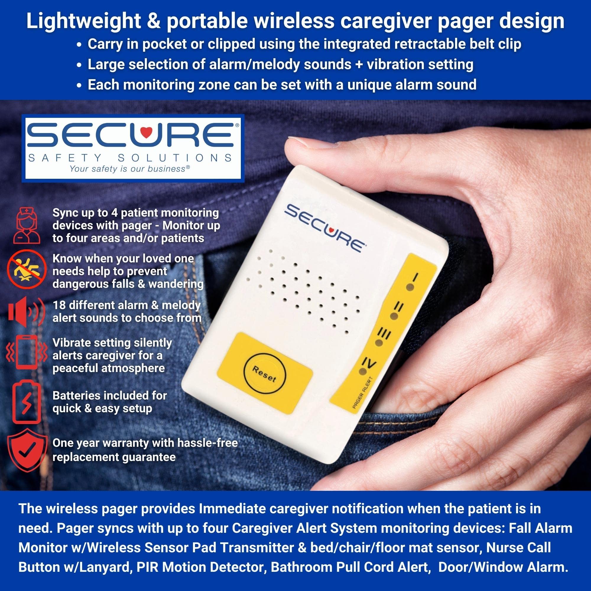 Secure Wireless Bed Alarm System with Nurse Call Button & Bed Sensor Pad - Elderly Fall Prevention & Caregiver Pager - Batteries Included - Ideal for Nursing Homes, Home Care & Hospital Patient Safety