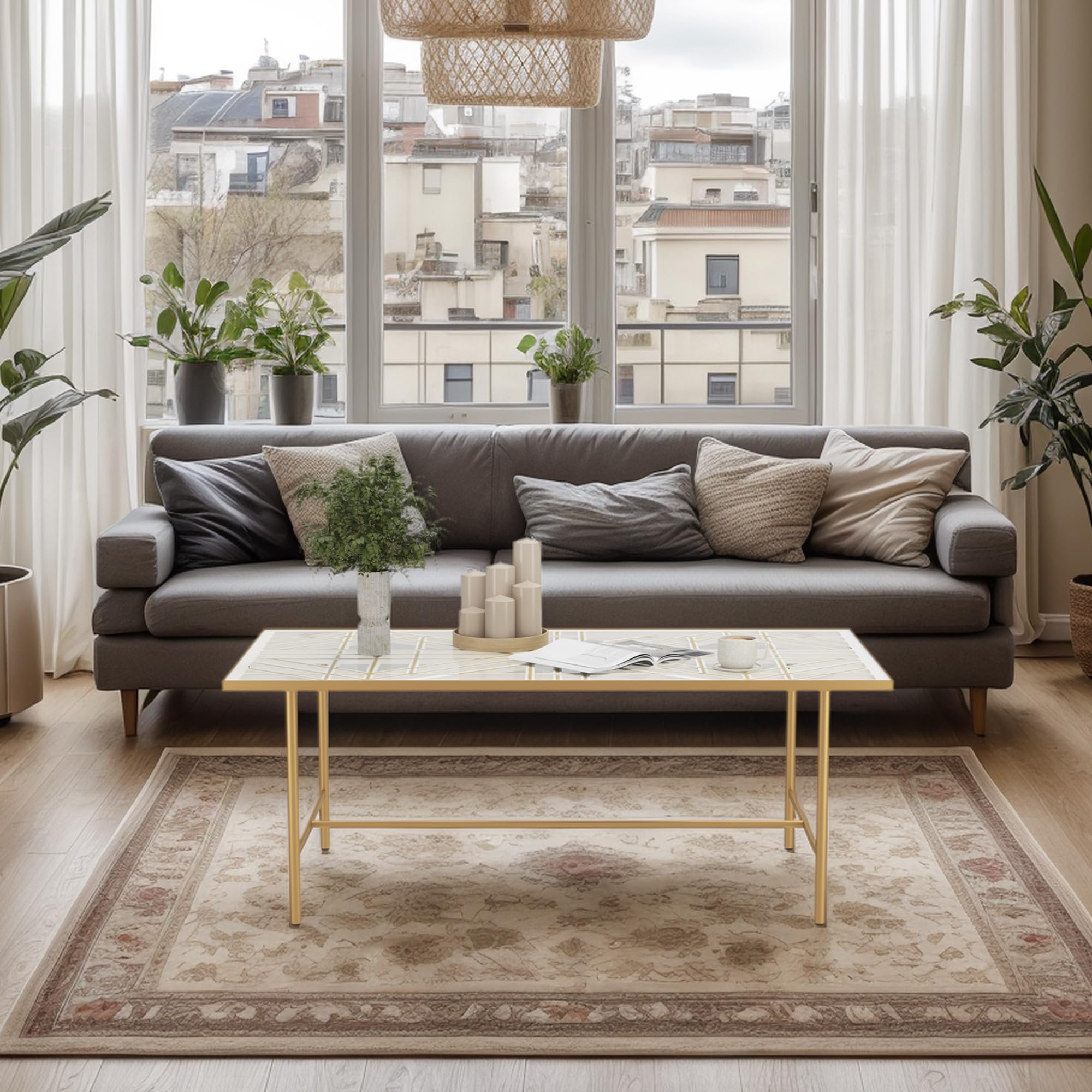 3D Hollow Carved Wood Panel Glass Coffee Table - Modern Metal Frame Center Table with Hand-Painted Gold Lines for Living Room, Office & Lounge - Rectangle Gold Accent Table for Home Decor & Entertaining
