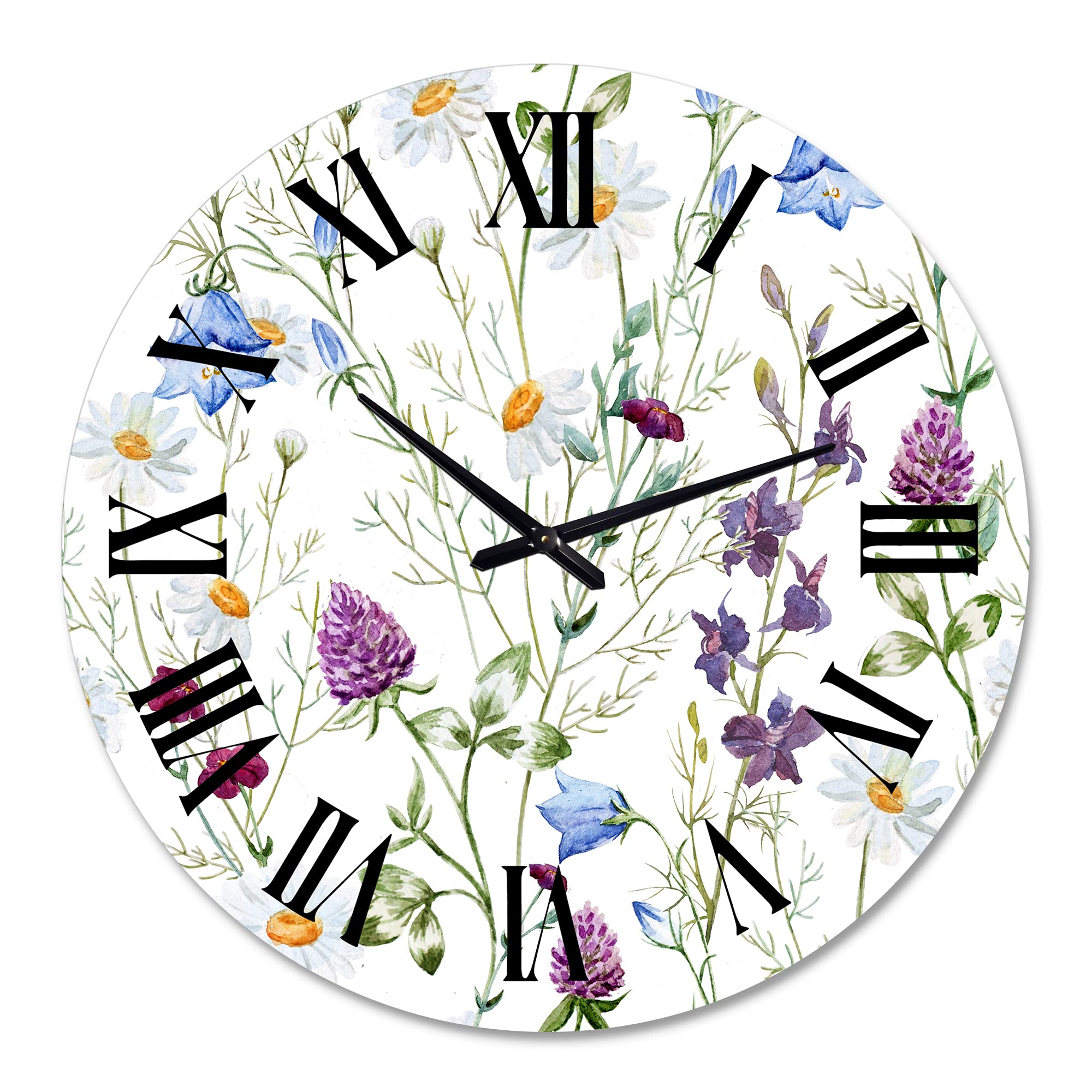 DesignQ Traditional Wildflowers Chamomile & Clover Bell Wall Clock - Large Floral Botanical Kitchen Decor for Home, Office, or Farmhouse Style