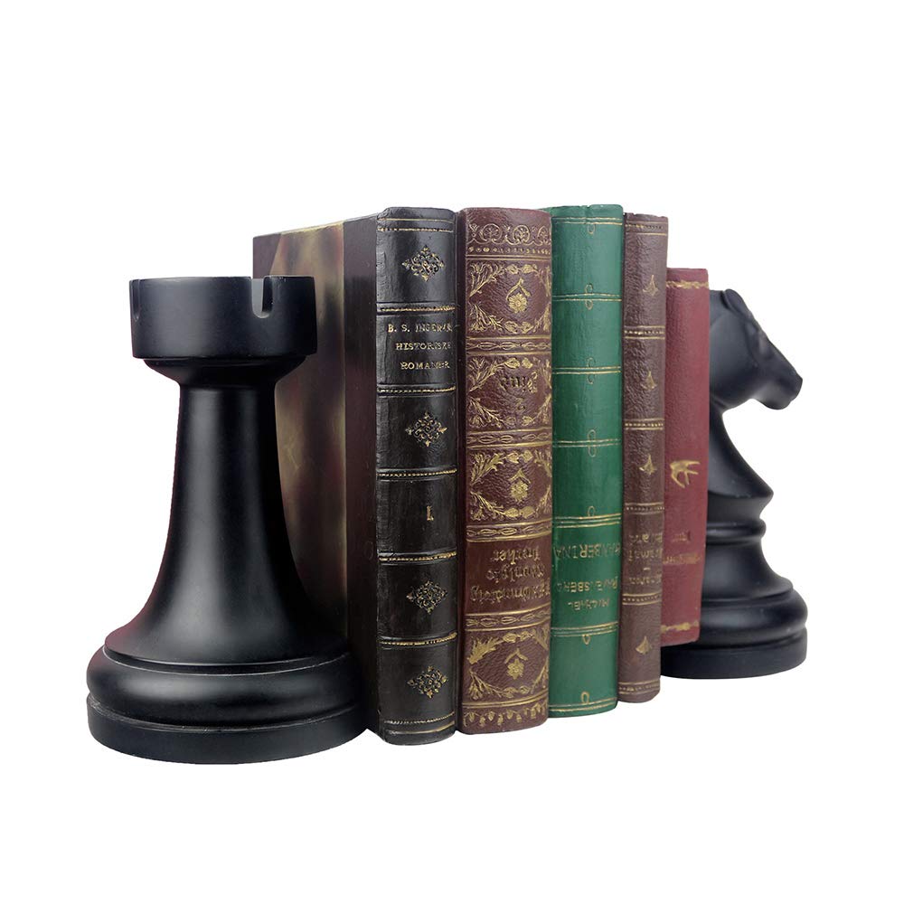Decorative Chess Bookends - Heavy Duty Black Book Supports for Office & Home - Unique Desk & Bookrack Decor - 7