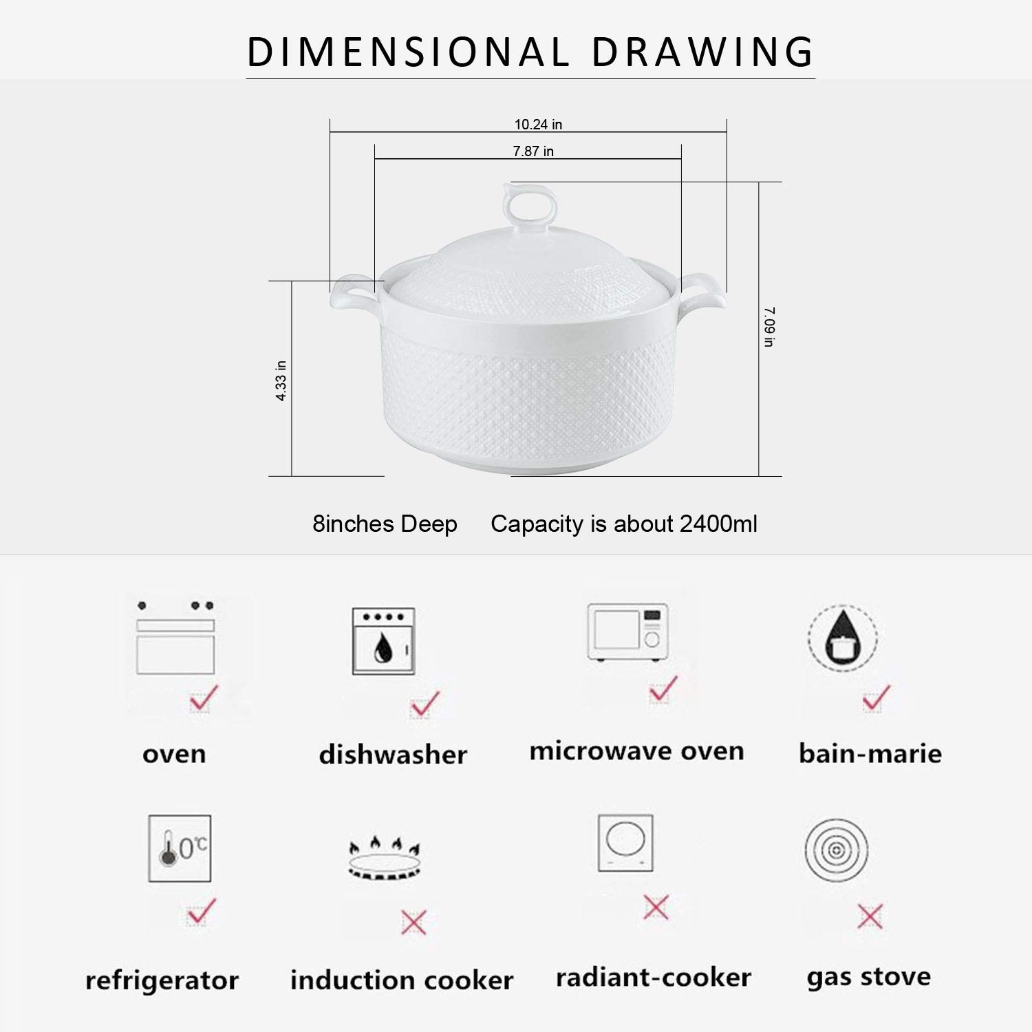 BAKOUSTAR Pure White Ceramic Soup Tureen with Double Handle Lid - 8 Inch Round Casserole Dish, Clay Pot & Heat-Resistant Cookware - Perfect for Serving Soups, Stews & Hot Dishes - Elegant Gift Box Packaging