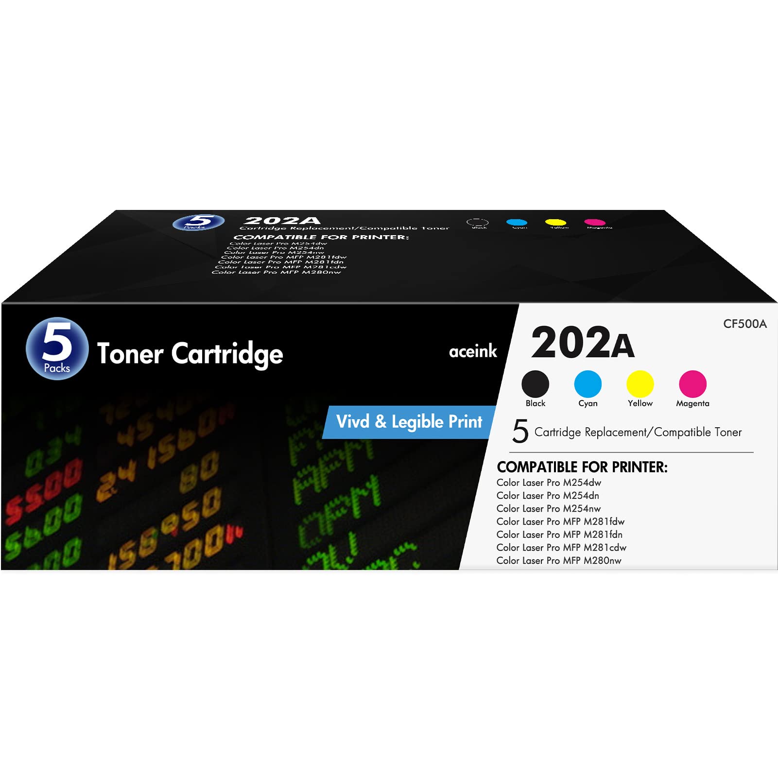 HP 202A CF500X Compatible Toner Cartridge 5-Pack - Works with HP Color Pro MFP M254dw, M281fdn, M254dn, M254nw, M281cdw, M254 Printers (CF500A, CF501A, CF502A, CF503A) - High-Yield Replacement Ink for Home & Office Printing